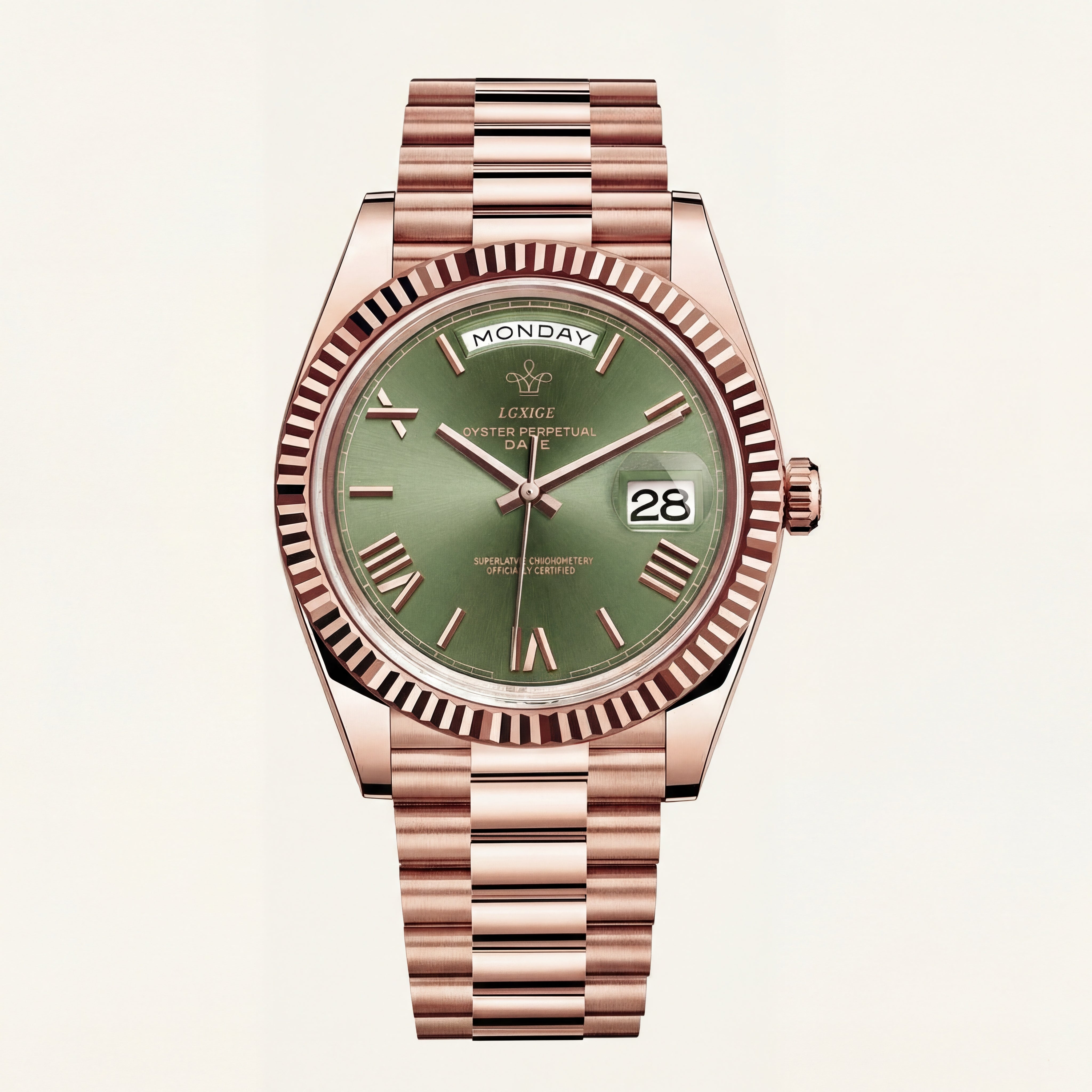 Rose Gold Day-Date President-Style Luxury Men’s Watch with Olive Green Dial