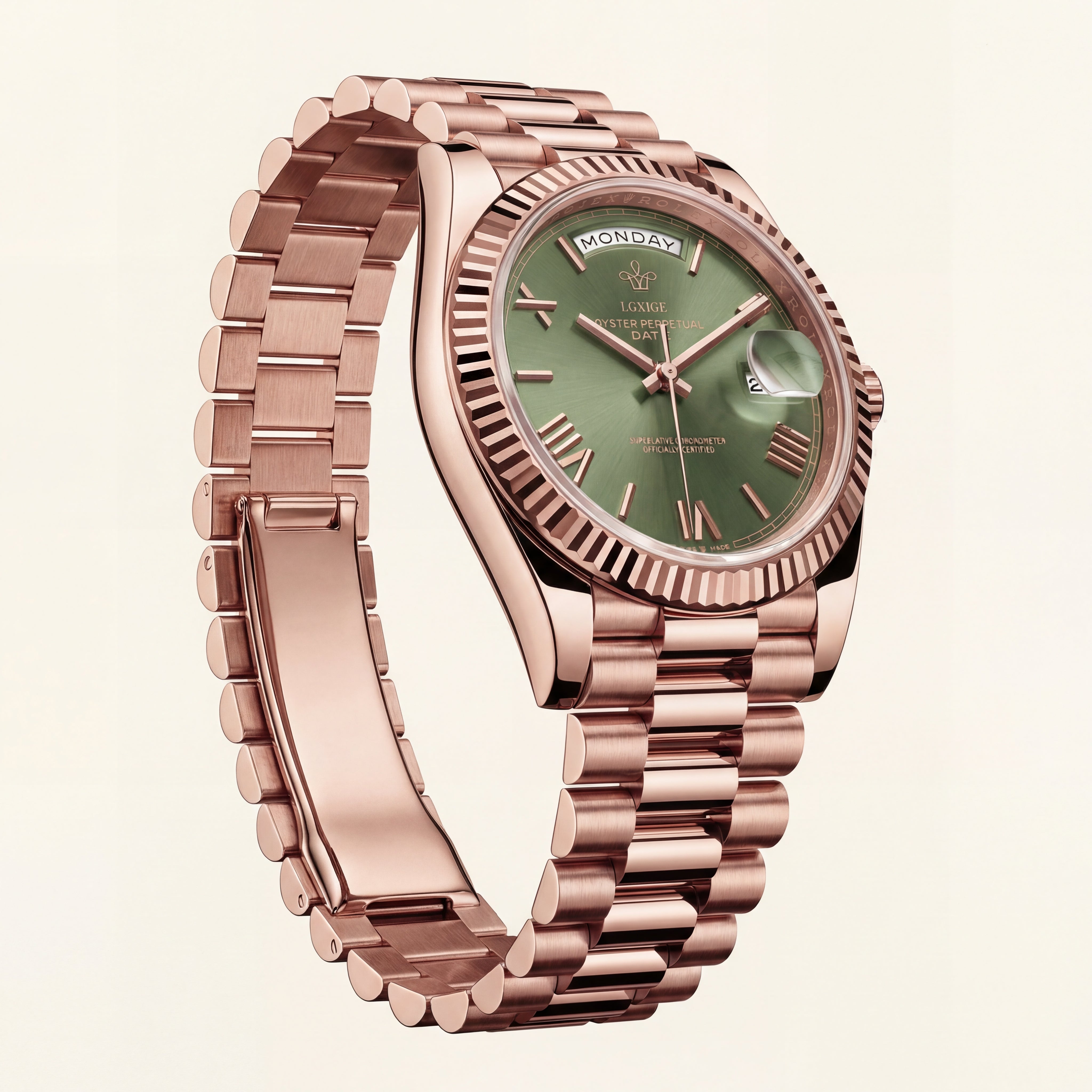 Rose Gold Day-Date President-Style Luxury Men’s Watch with Olive Green Dial