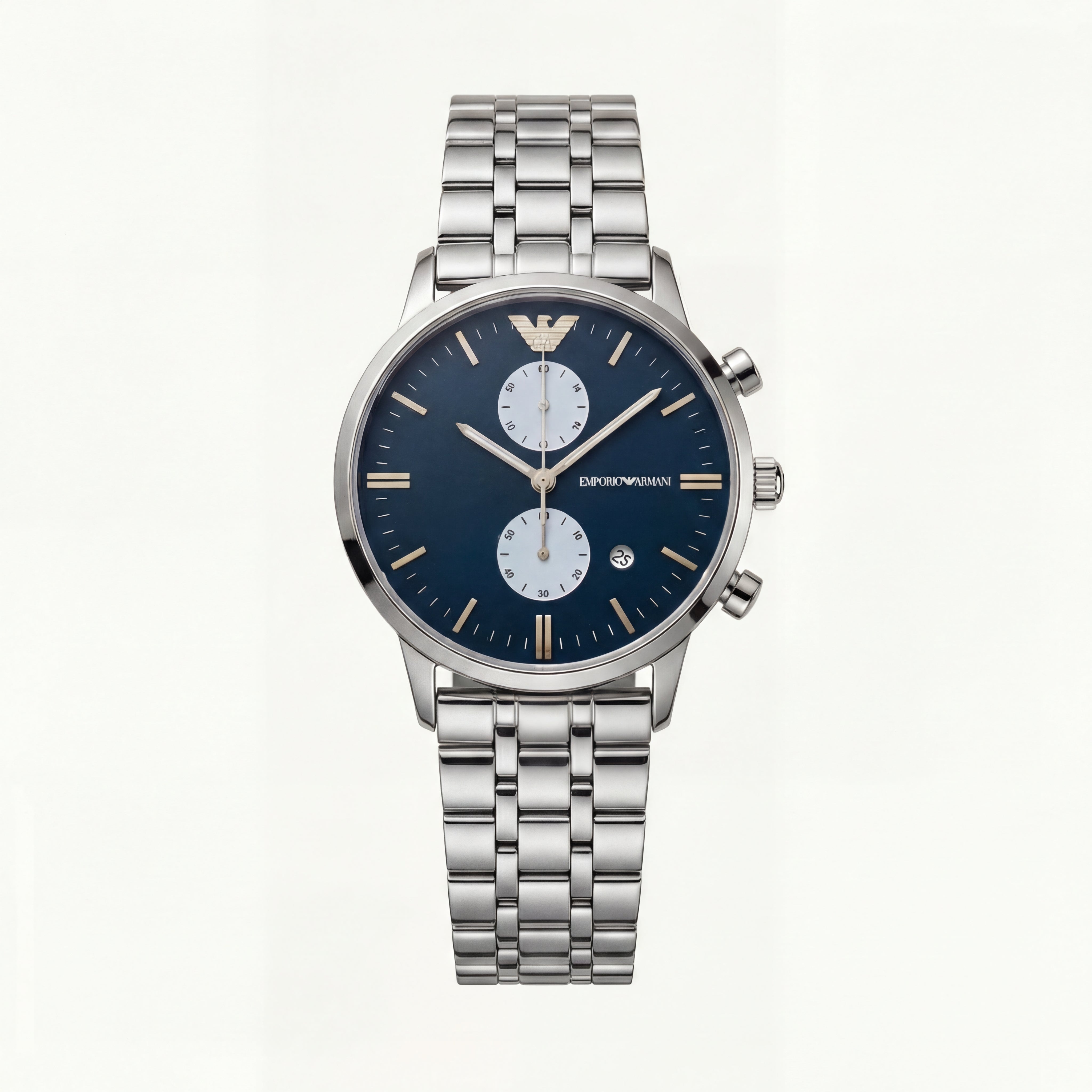 Silver Stainless Steel Chronograph Luxury Men’s Watch with Deep Blue Dial