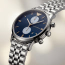 Silver Stainless Steel Chronograph Luxury Men’s Watch with Deep Blue Dial