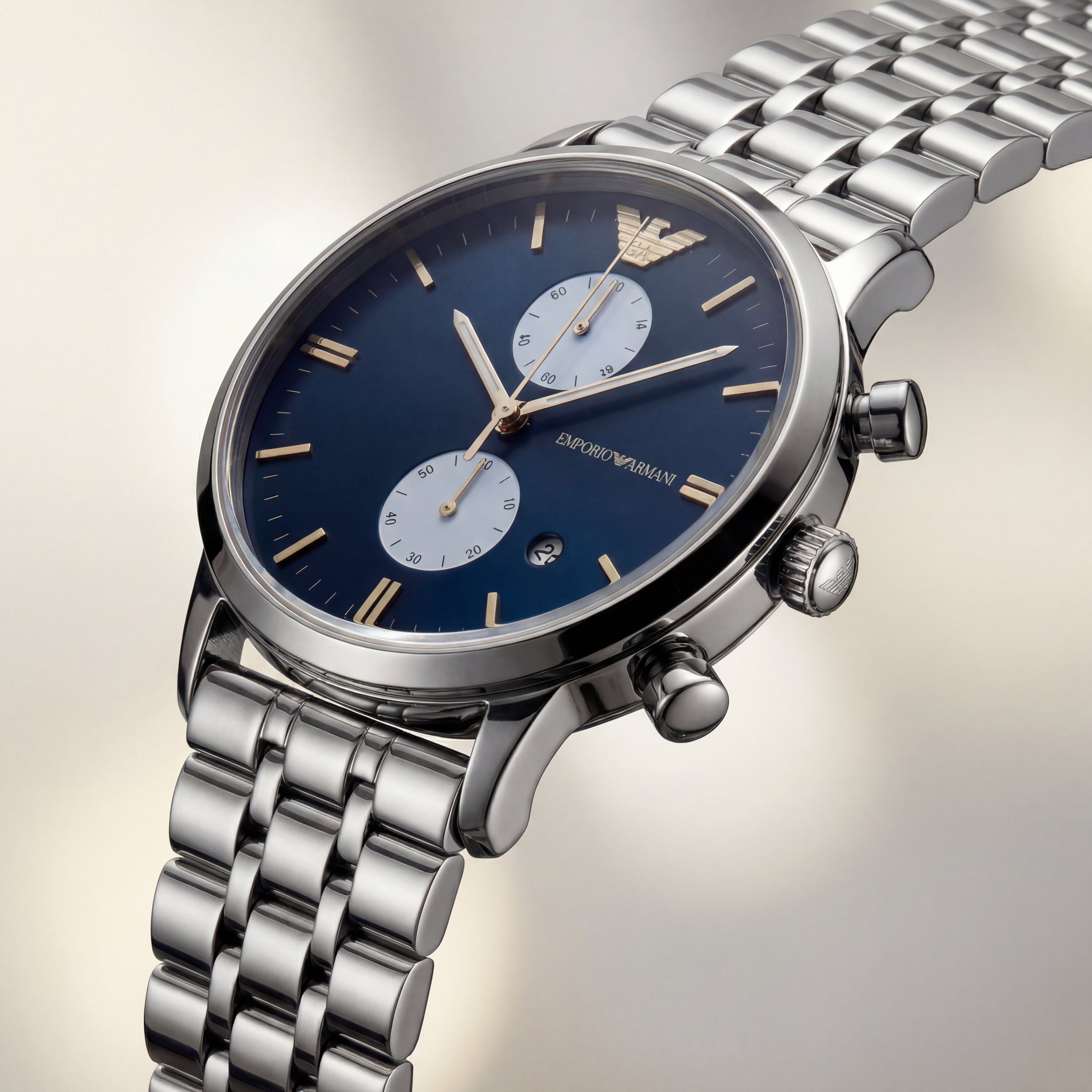 Silver Stainless Steel Chronograph Luxury Men’s Watch with Deep Blue Dial