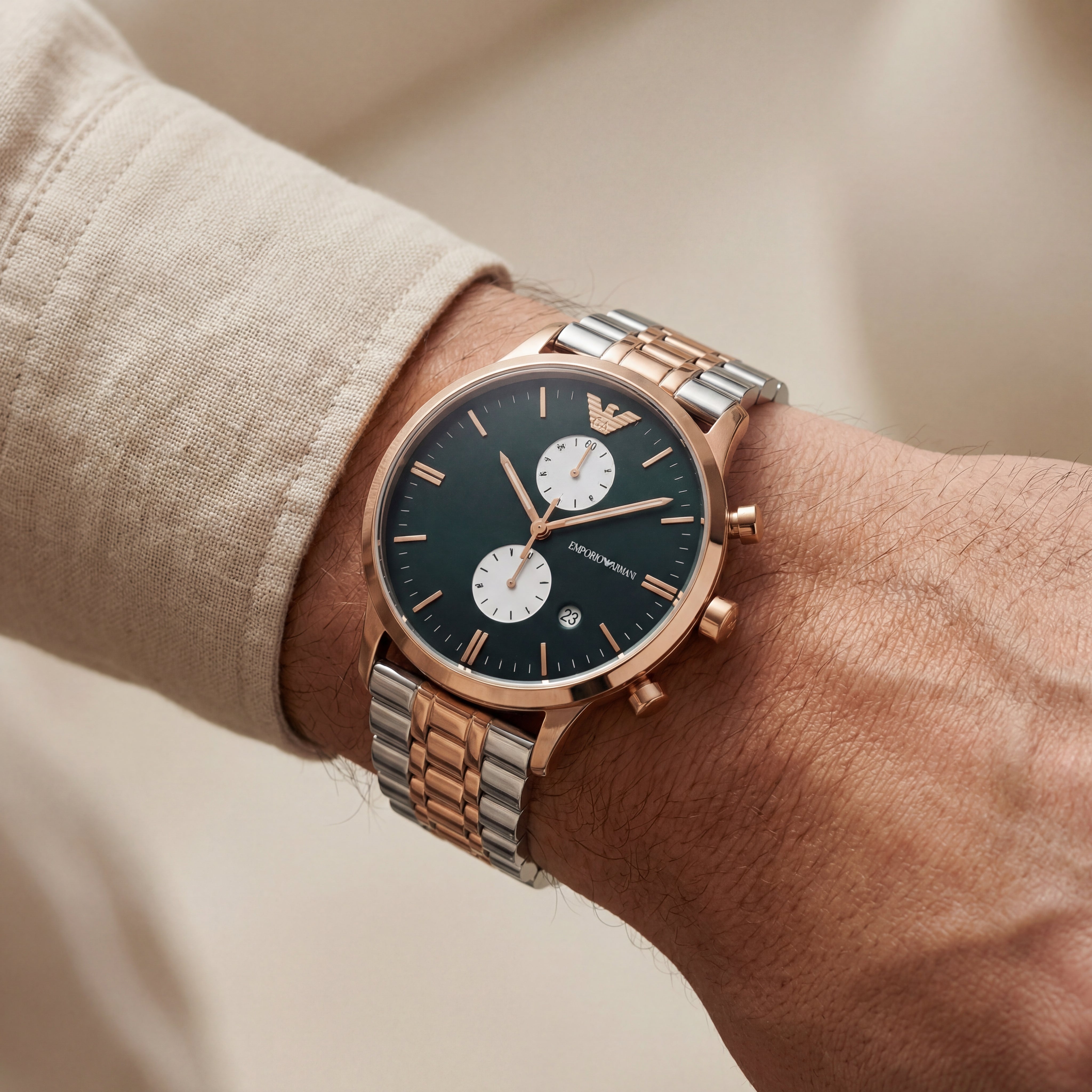 Emerald Green Chronograph Men’s Watch with Rose Gold & Silver Dual-Tone Bracelet