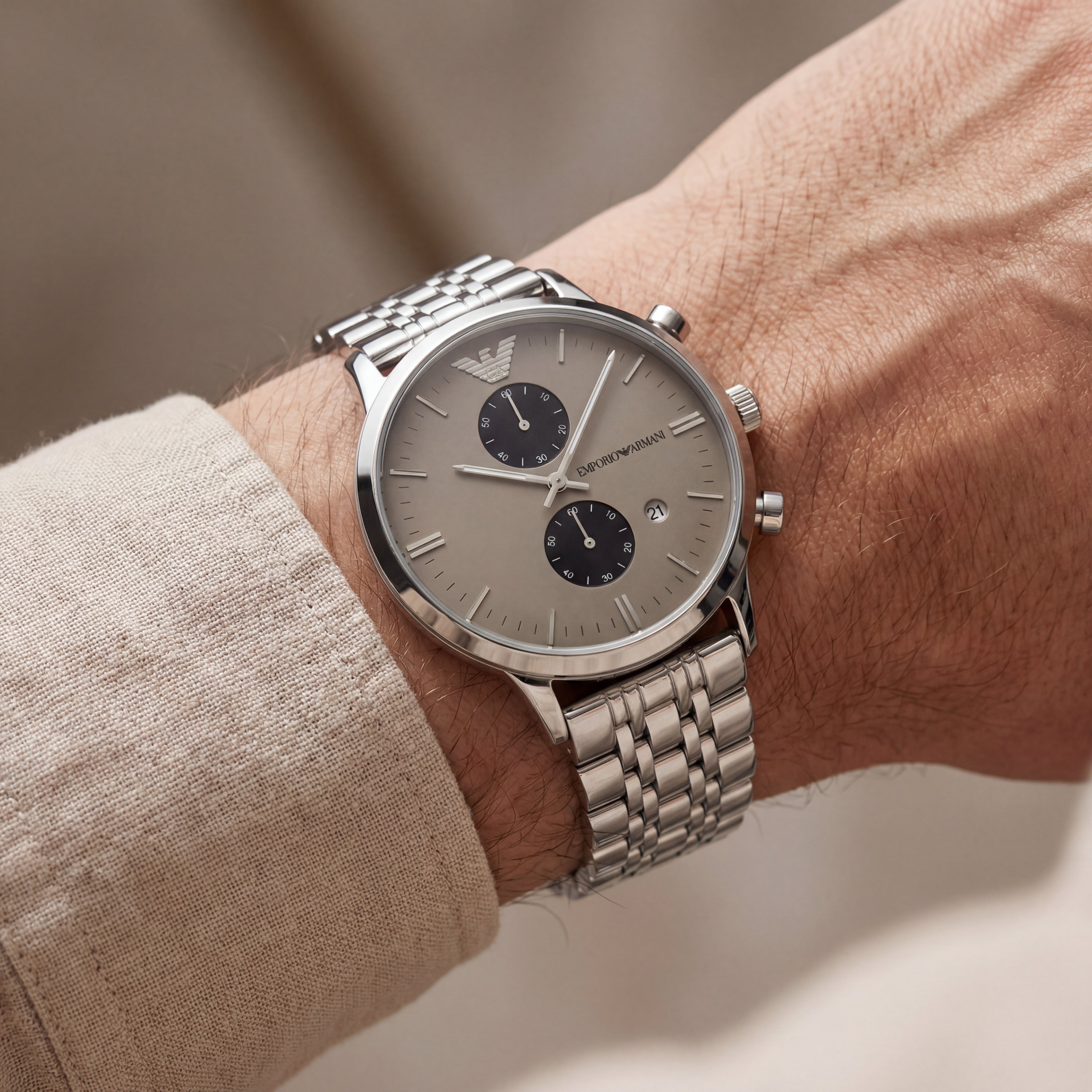 Champagne Grey Chronograph Men’s Watch with Full Silver Stainless Steel Bracelet