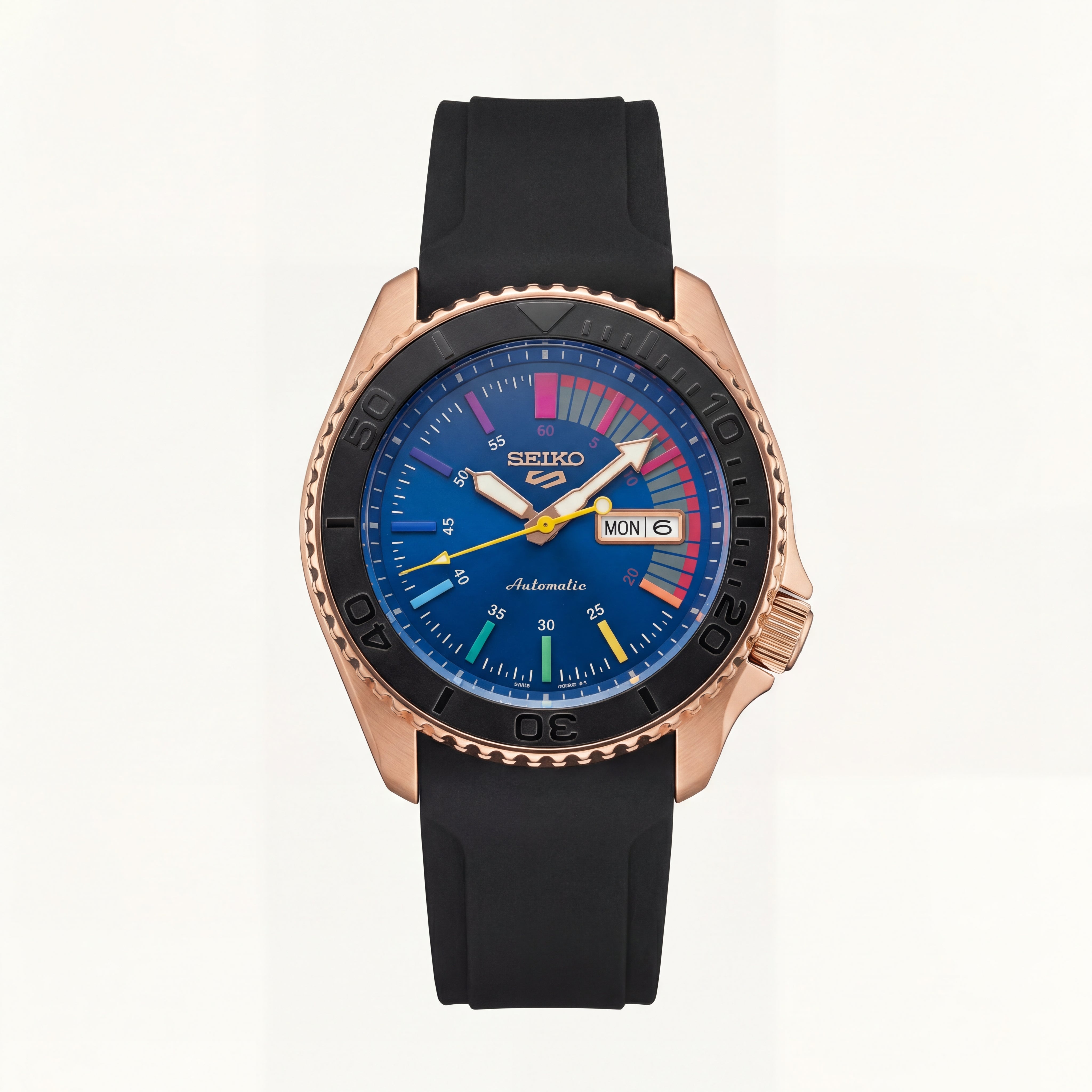 Rose Gold Automatic Dive Men’s Watch with Blue Multicolor Dial & Black Sport Strap