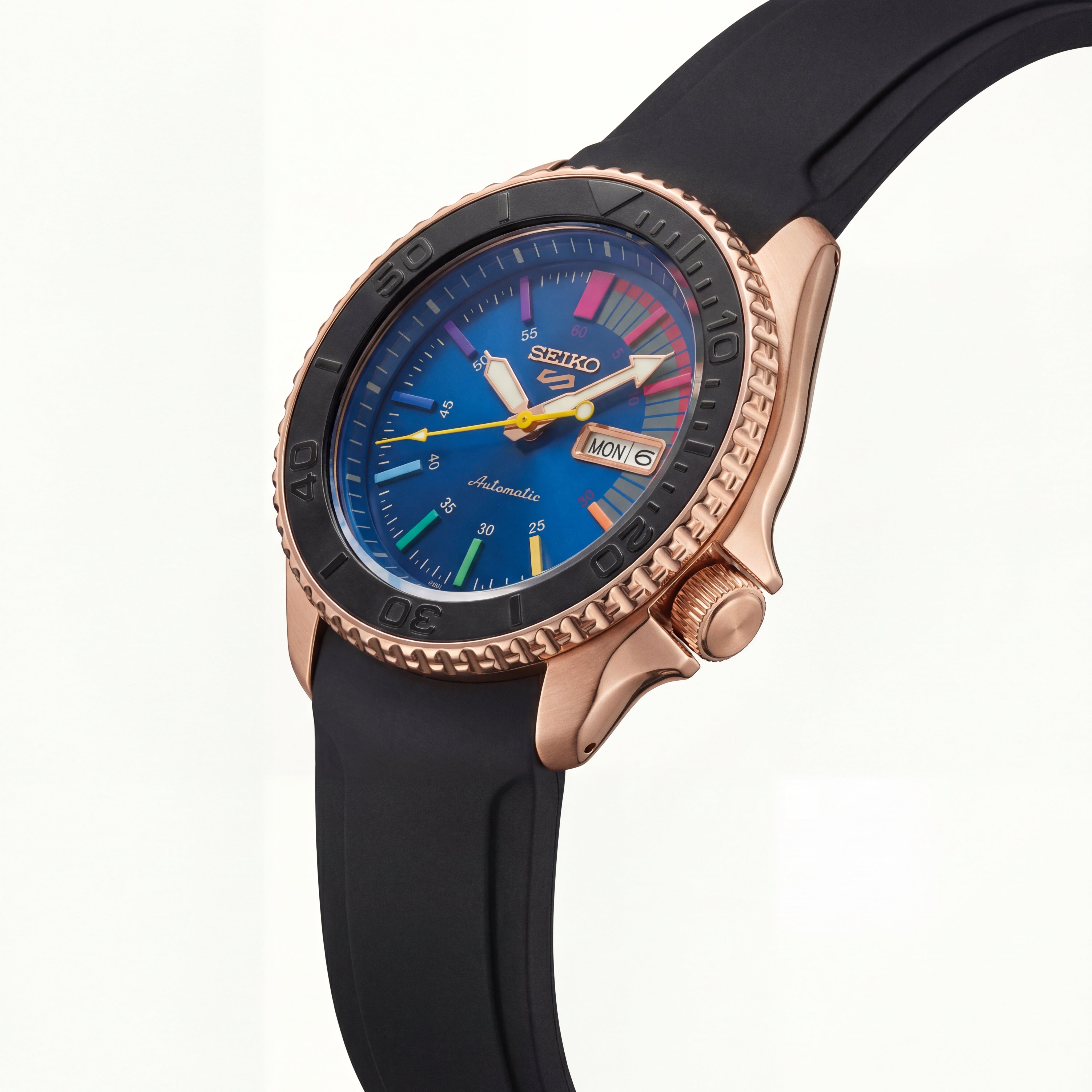 Rose Gold Automatic Dive Men’s Watch with Blue Multicolor Dial & Black Sport Strap