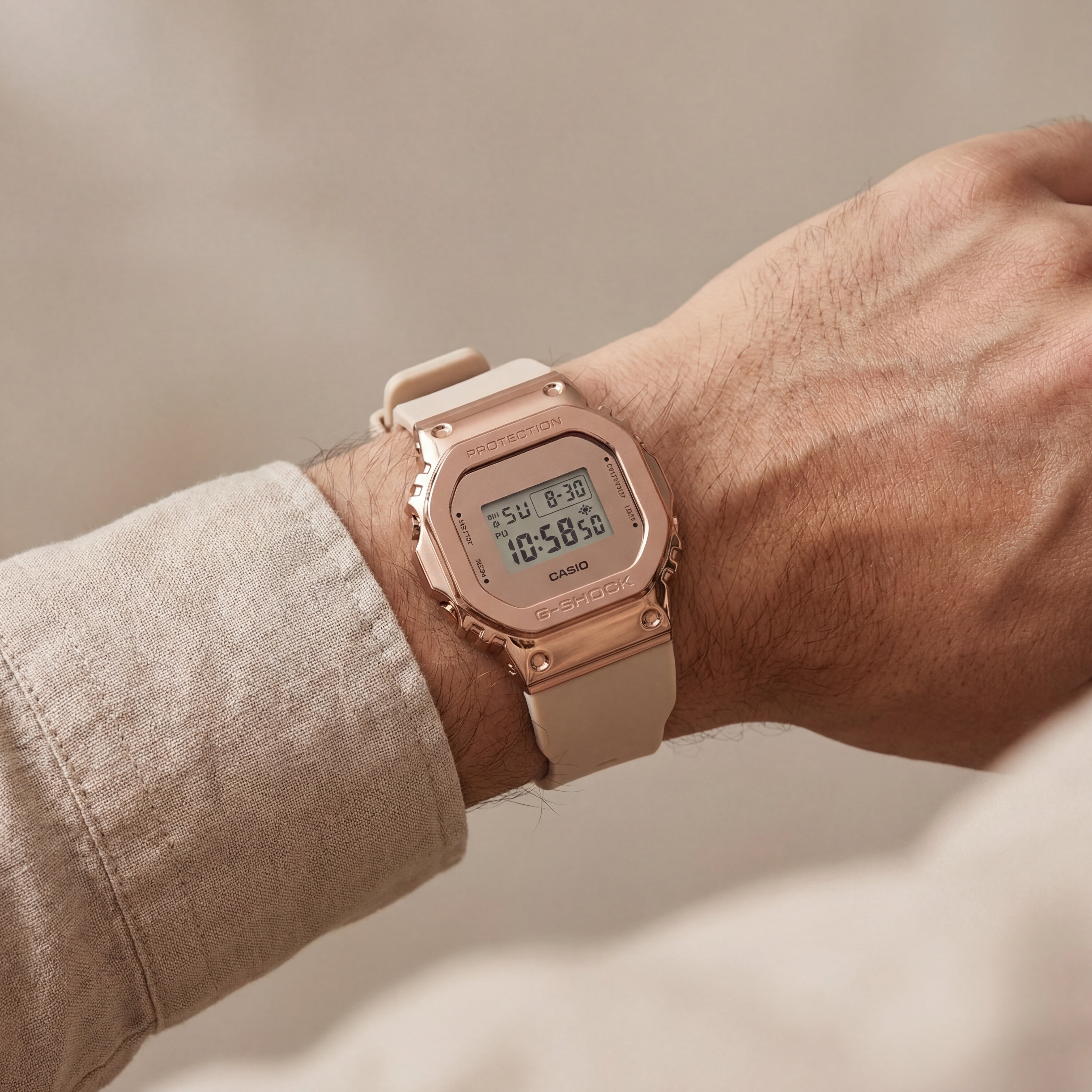 Rose Gold Digital Luxury Watch with Beige Resin Strap