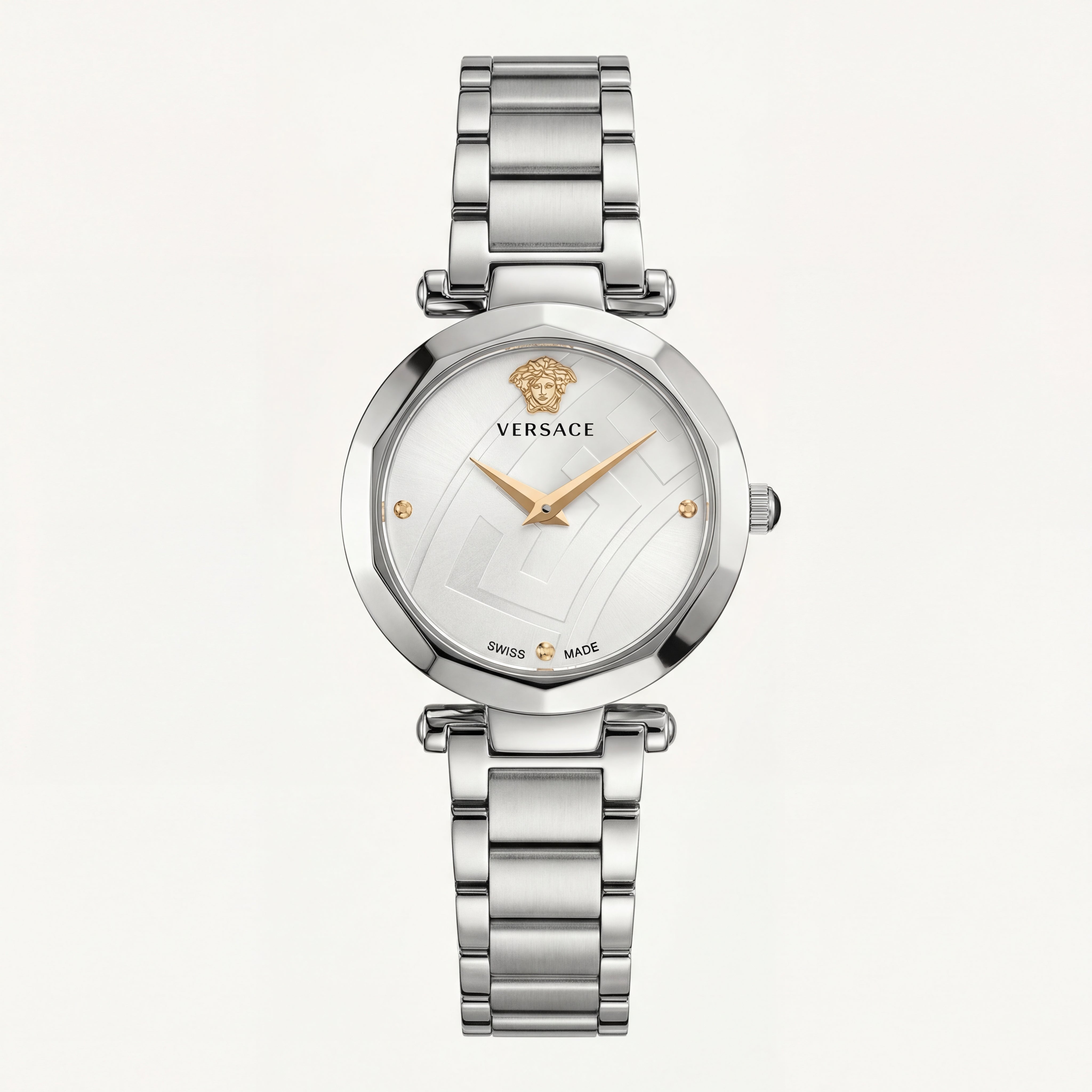 Silver Stainless Steel Case White Textured Dial Luxury Medusa Bracelet Watch – Women
