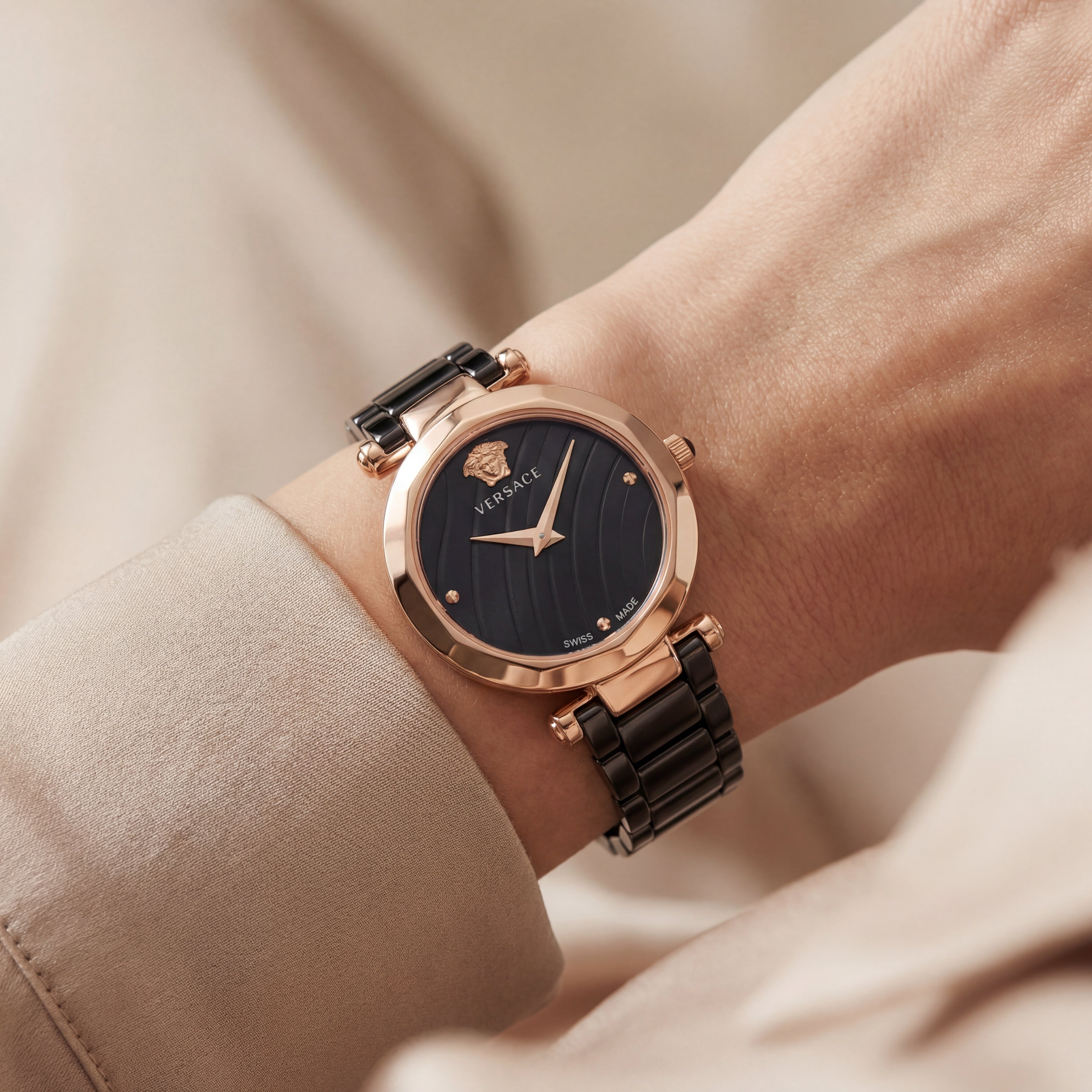 Rose Gold Case Black Textured Dial Luxury Medusa Bracelet Watch – Women