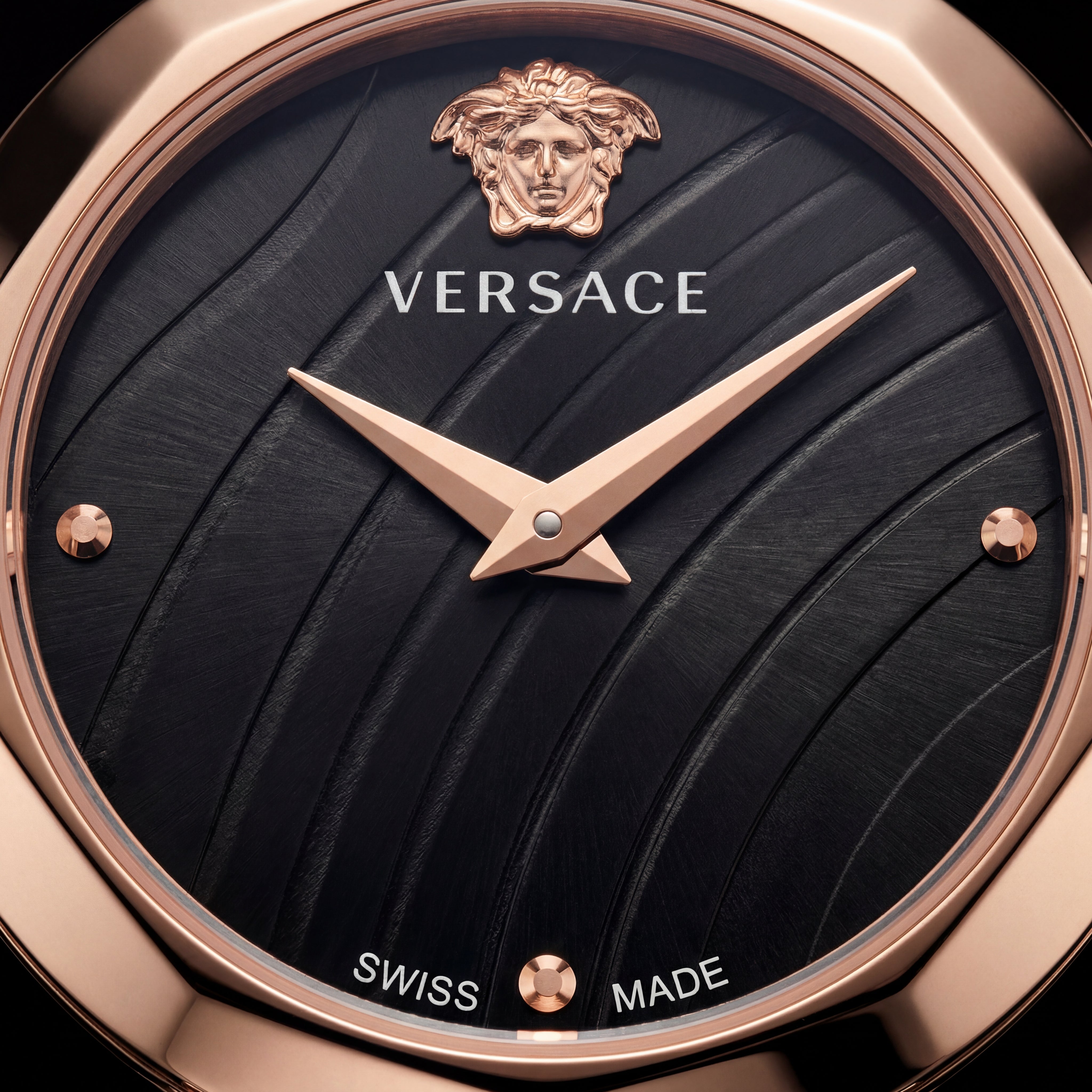 Rose Gold Case Black Textured Dial Luxury Medusa Bracelet Watch – Women