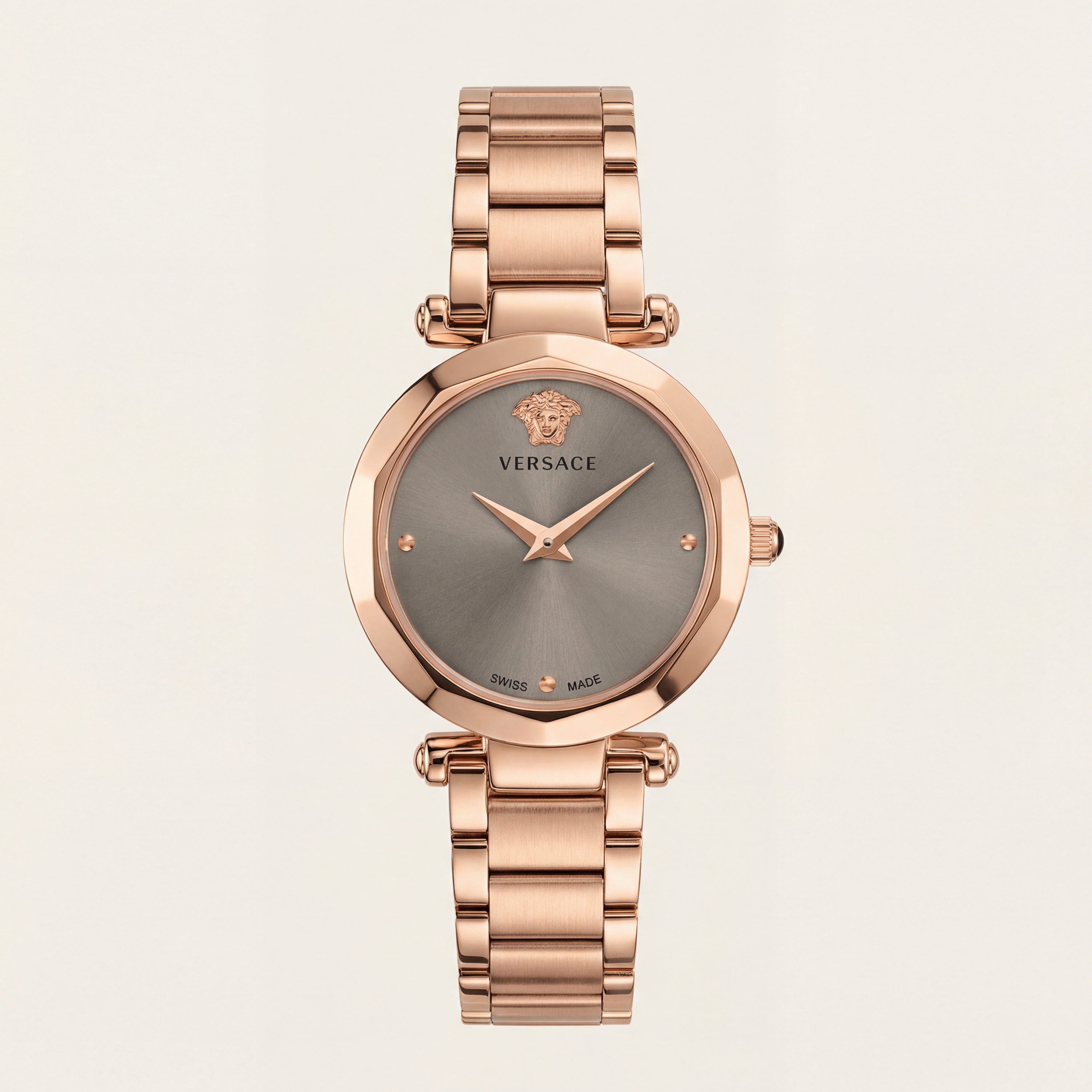 Rose Gold Stainless Steel Case Satin Silver Dial Luxury Medusa Bracelet Watch – Women