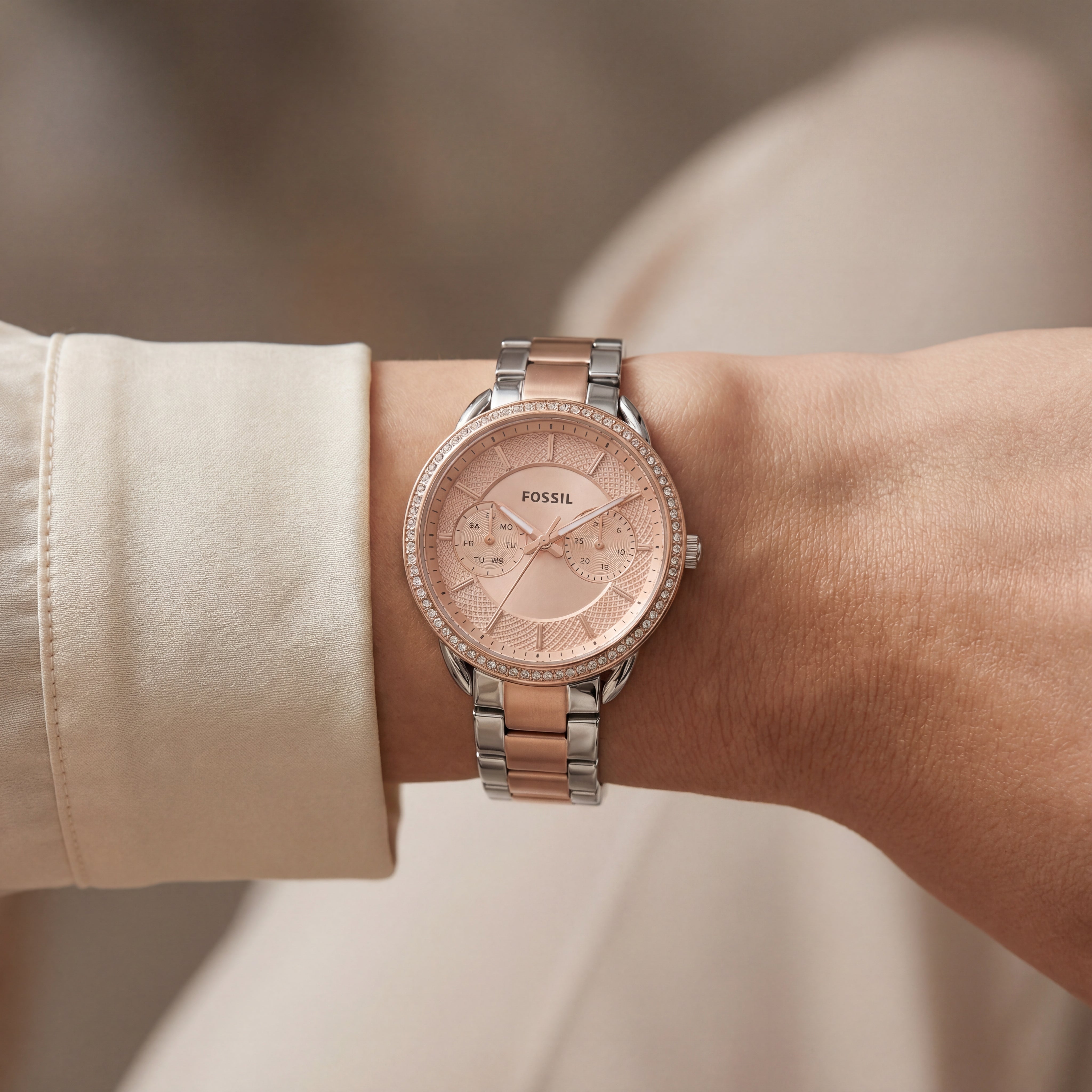 Two-Tone Rose Chronograph Crystal Bezel Watch – Signature Luxe Edition