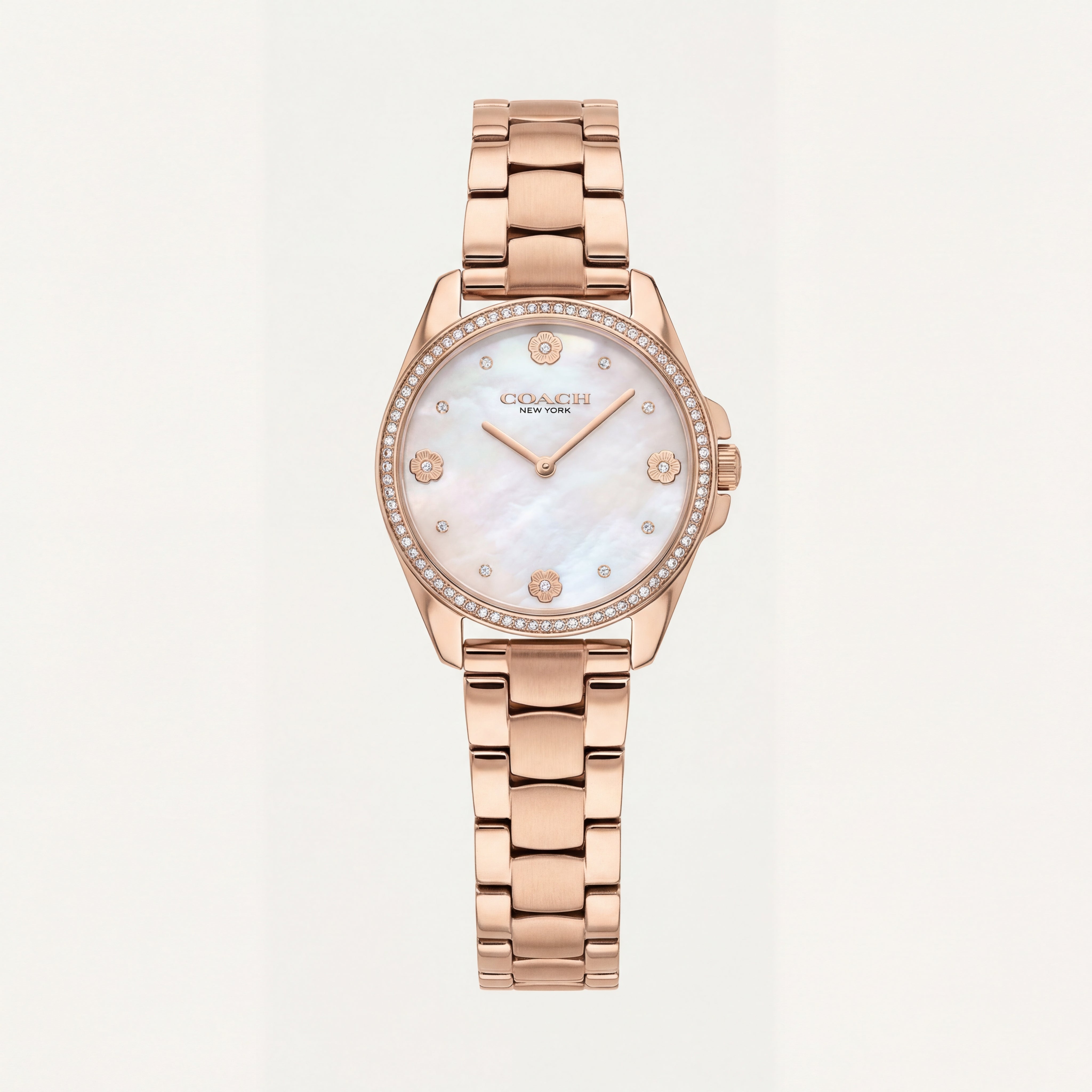Rose Gold Crystal Bezel Mother of Pearl Floral Dial Elegant Bracelet Watch