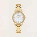 Gold Tone Crystal Bezel Mother of Pearl Floral Dial Elegant Bracelet Watch