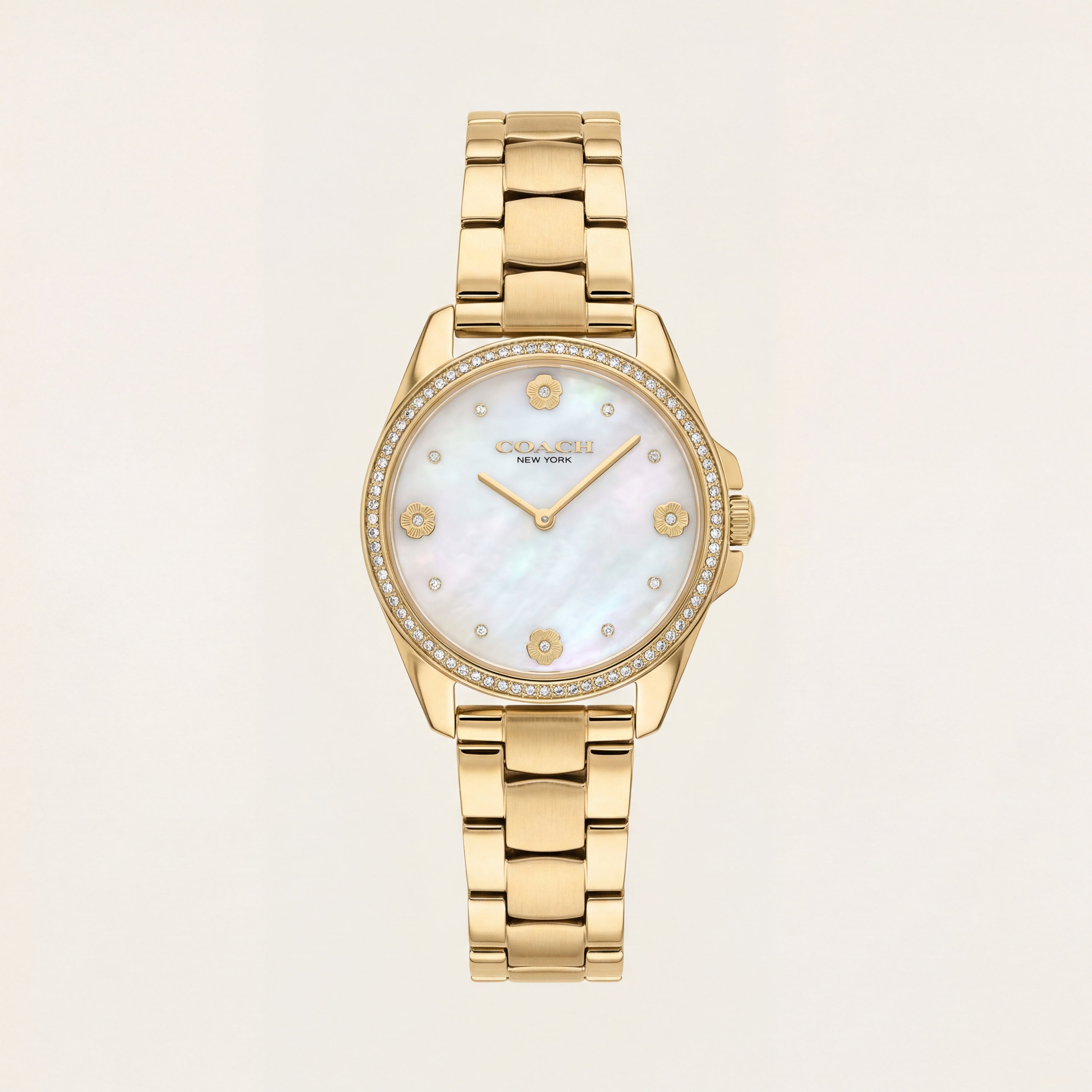 Gold Tone Crystal Bezel Mother of Pearl Floral Dial Elegant Bracelet Watch