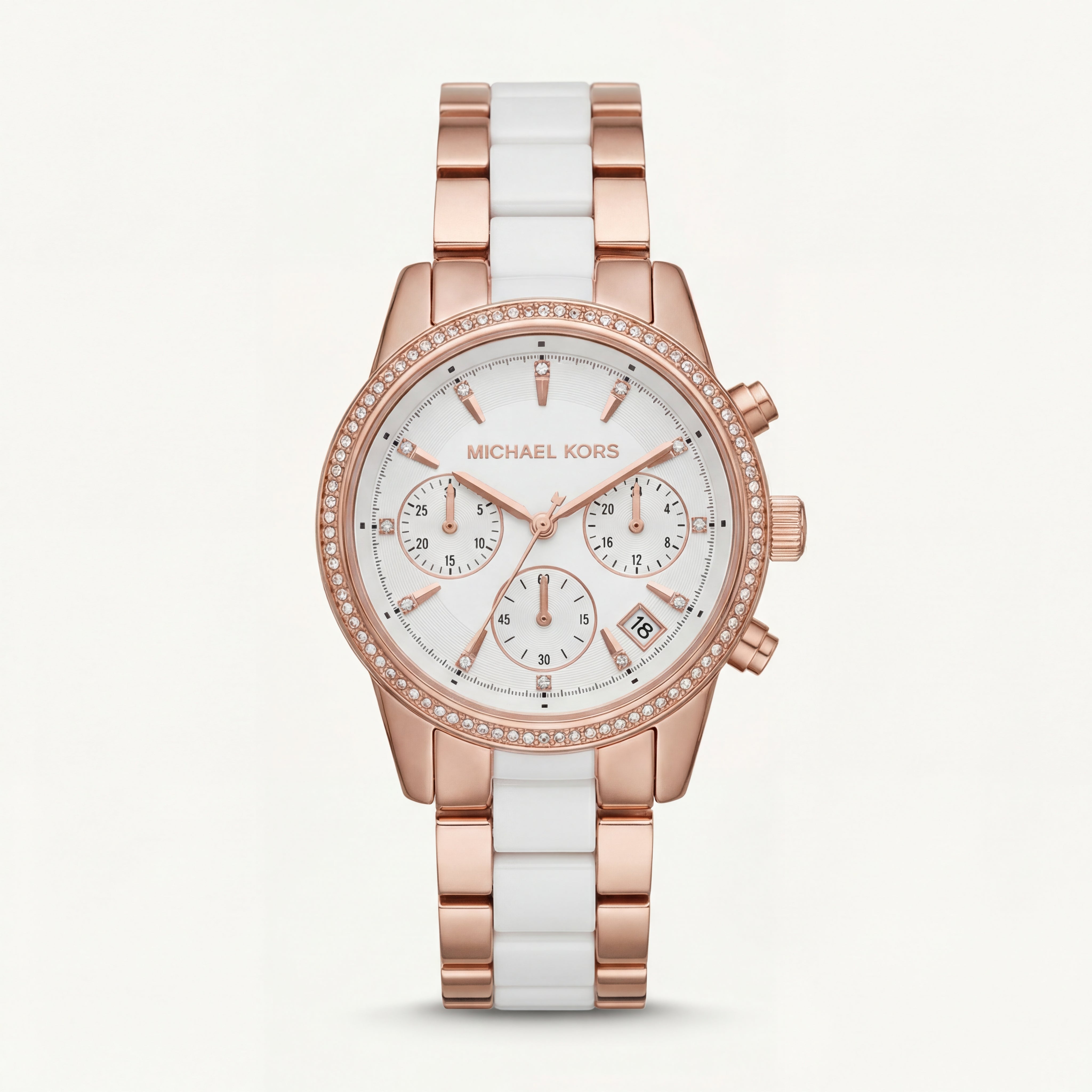 Rose Gold Crystal Bezel Chronograph White Bracelet Watch