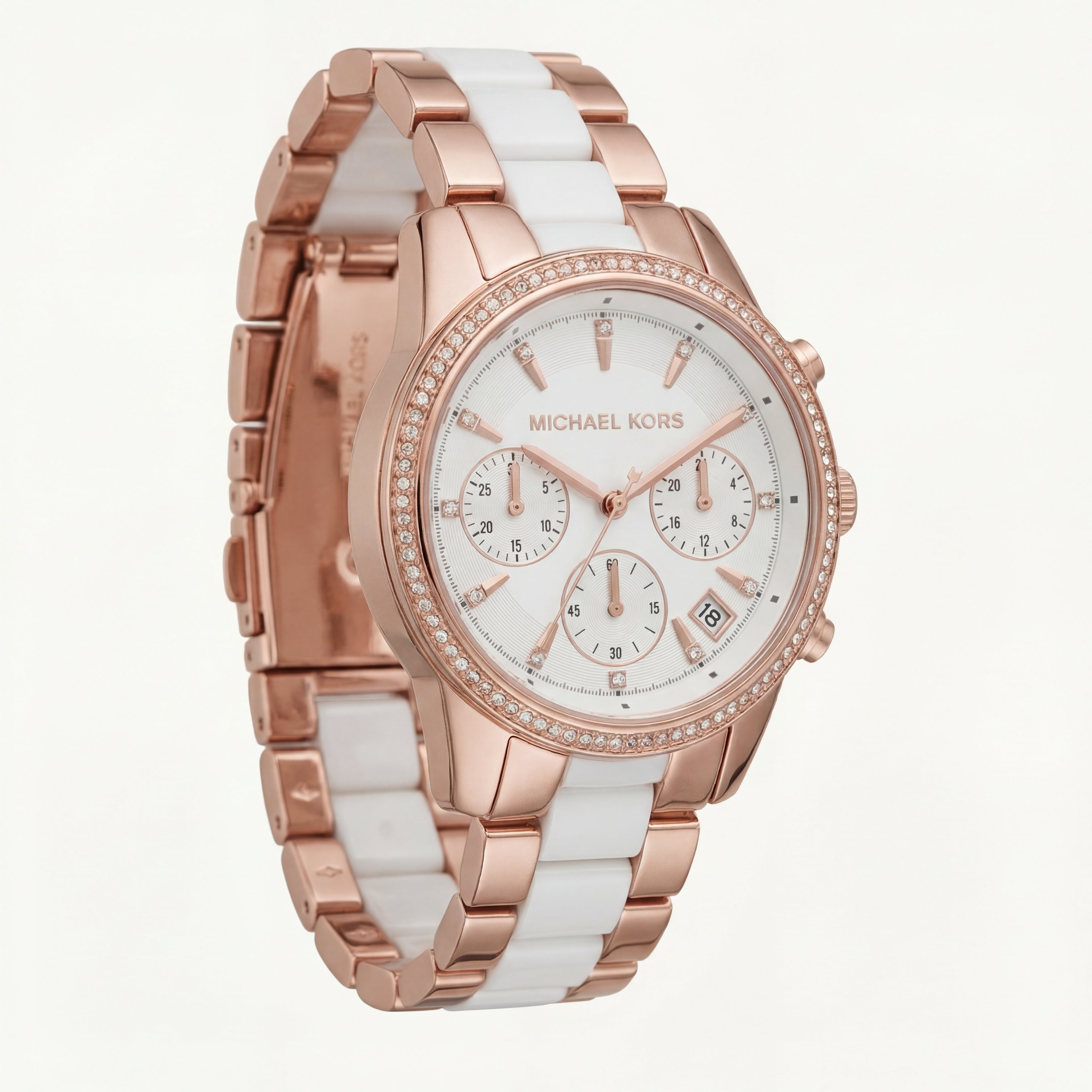 Rose Gold Crystal Bezel Chronograph White Bracelet Watch