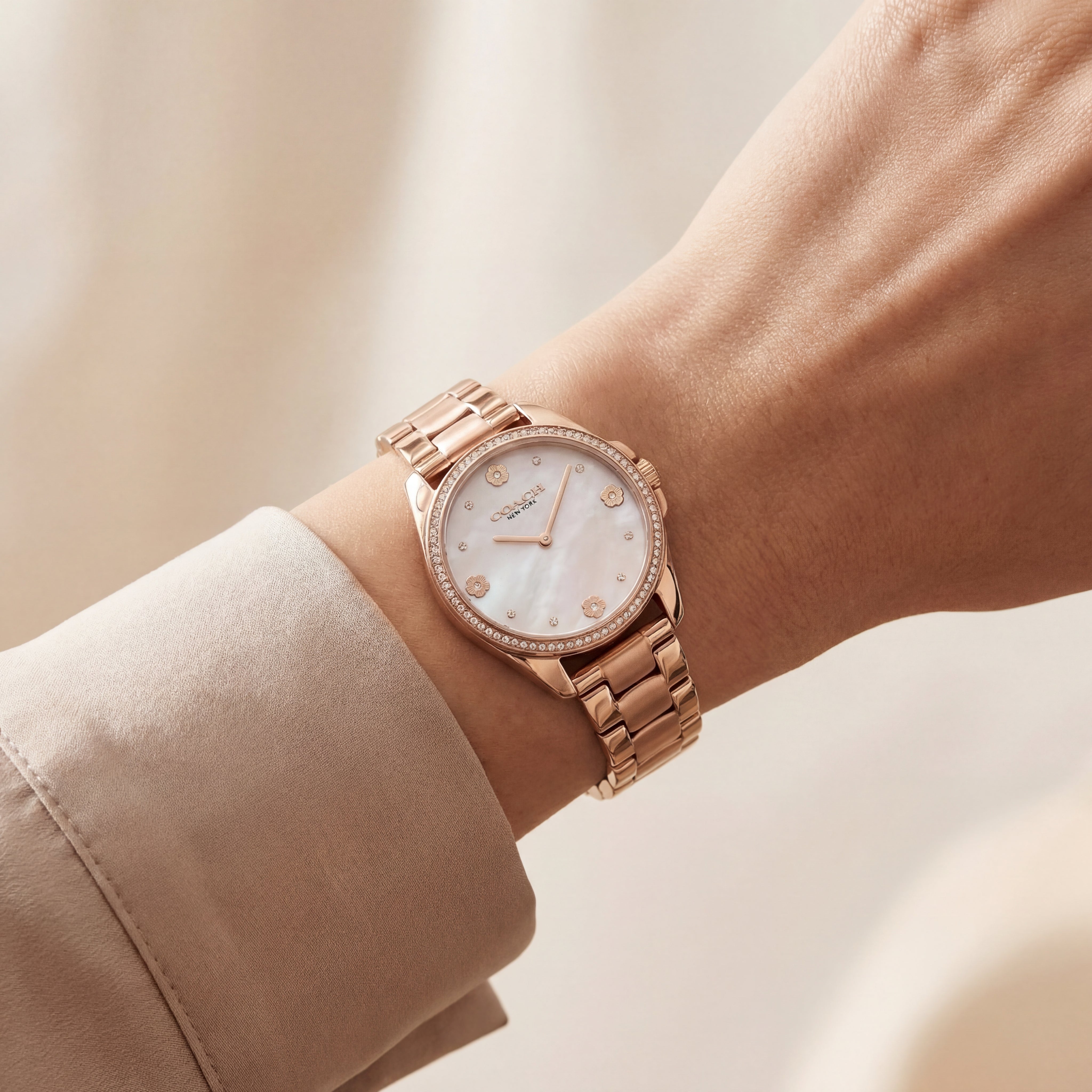 Rose Gold Crystal Bezel Mother of Pearl Floral Dial Elegant Bracelet Watch