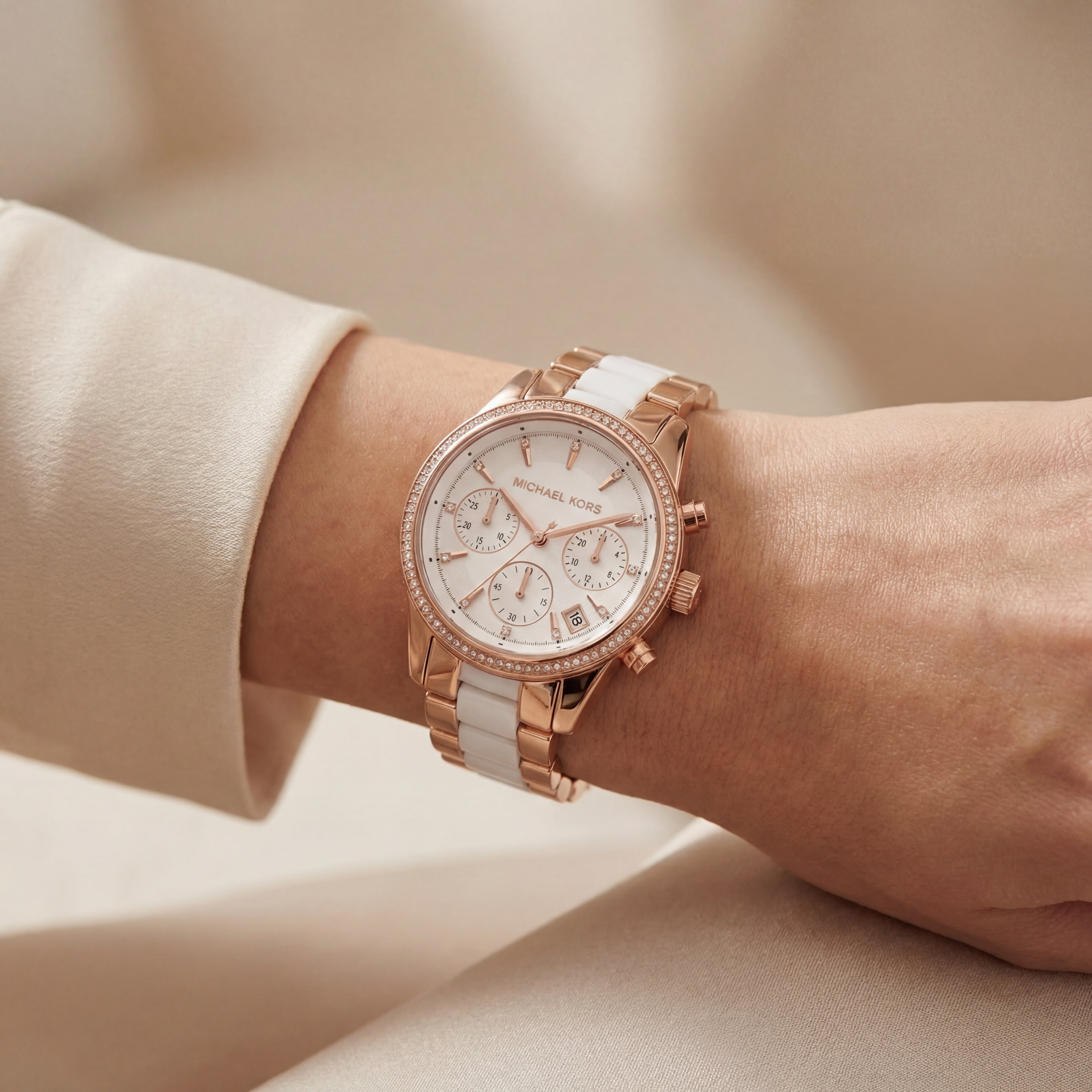Rose Gold Crystal Bezel Chronograph White Bracelet Watch
