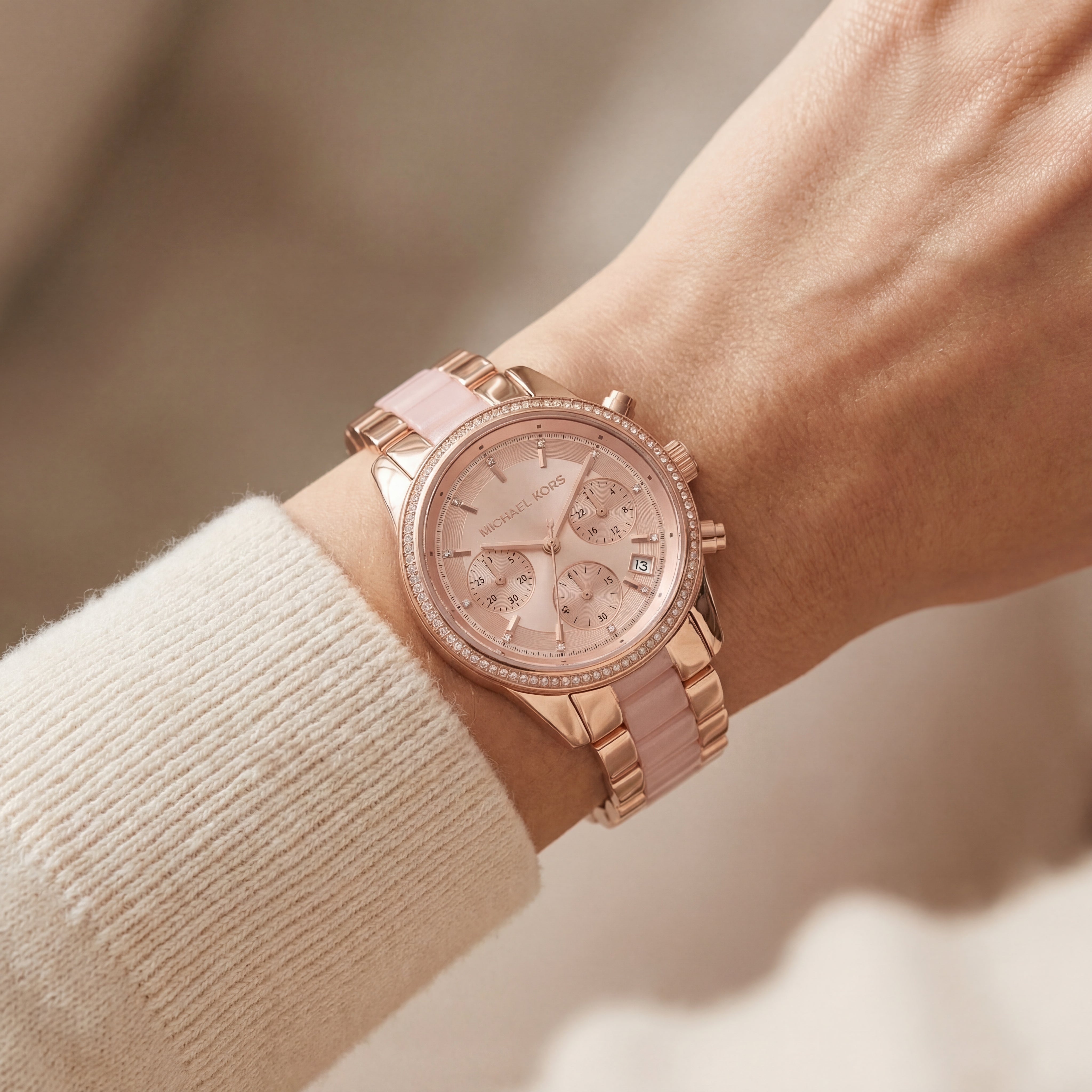 Blush Rose Gold Crystal Bezel Chronograph Pink Bracelet Watch