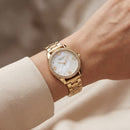 Gold Tone Crystal Bezel Mother of Pearl Floral Dial Elegant Bracelet Watch