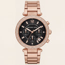 Rose Gold Crystal Bezel Black Dial Chronograph Bracelet Watch