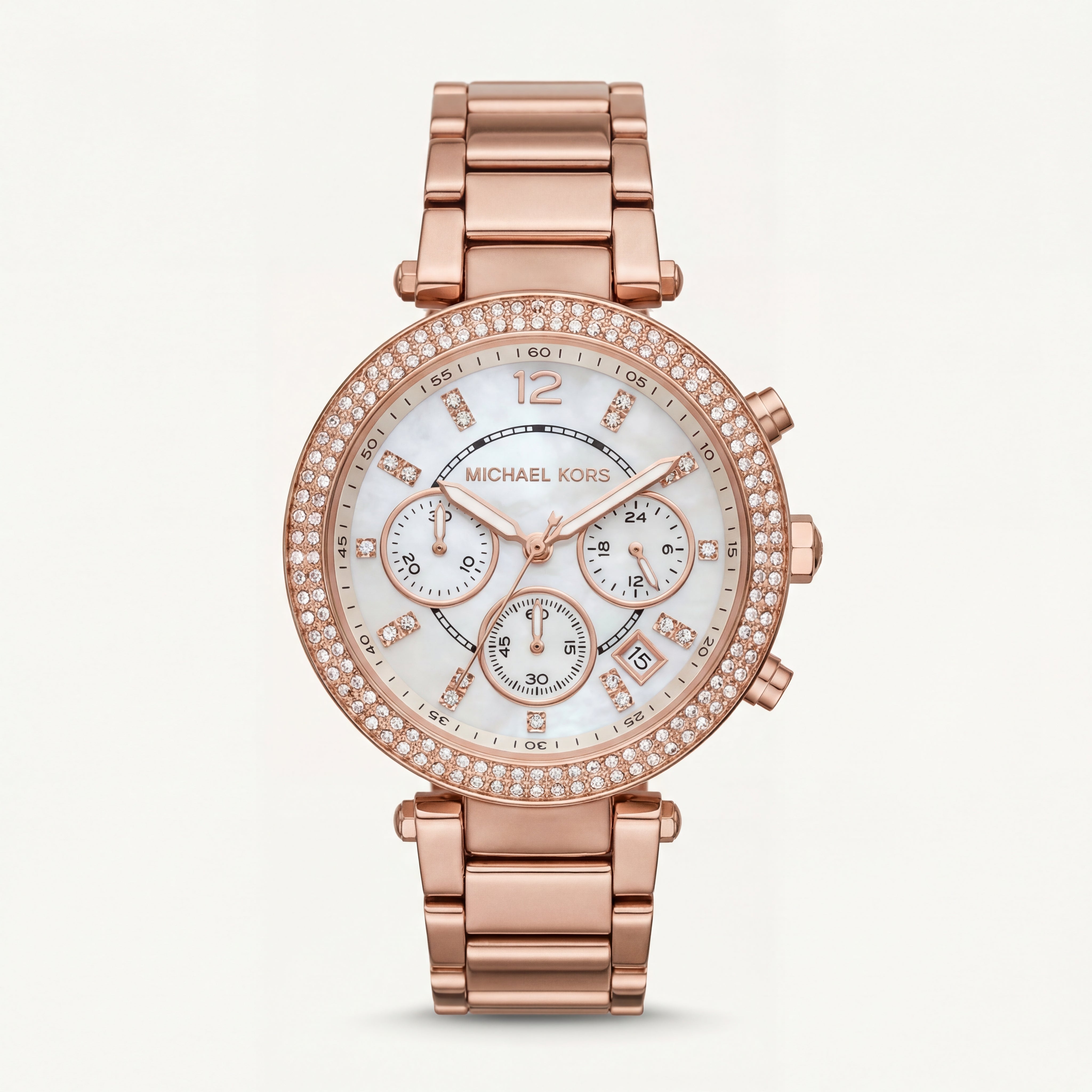 Rose Gold Crystal Bezel Mother-of-Pearl Chronograph Bracelet Watch