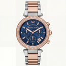 Two-Tone Rose Gold & Silver Crystal Bezel Blue Dial Chronograph Bracelet Watch