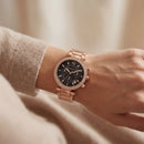 Rose Gold Crystal Bezel Black Dial Chronograph Bracelet Watch