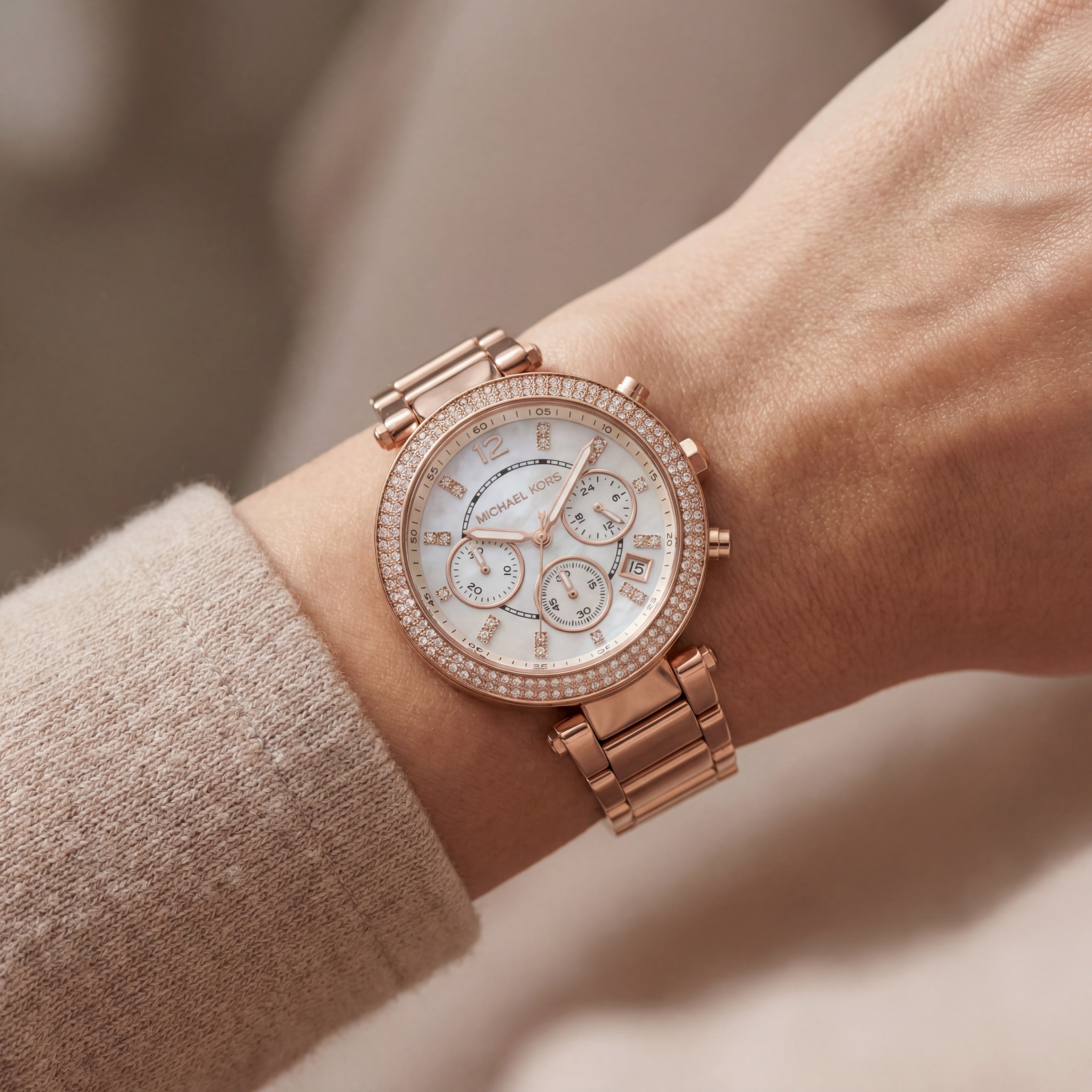 Rose Gold Crystal Bezel Mother-of-Pearl Chronograph Bracelet Watch