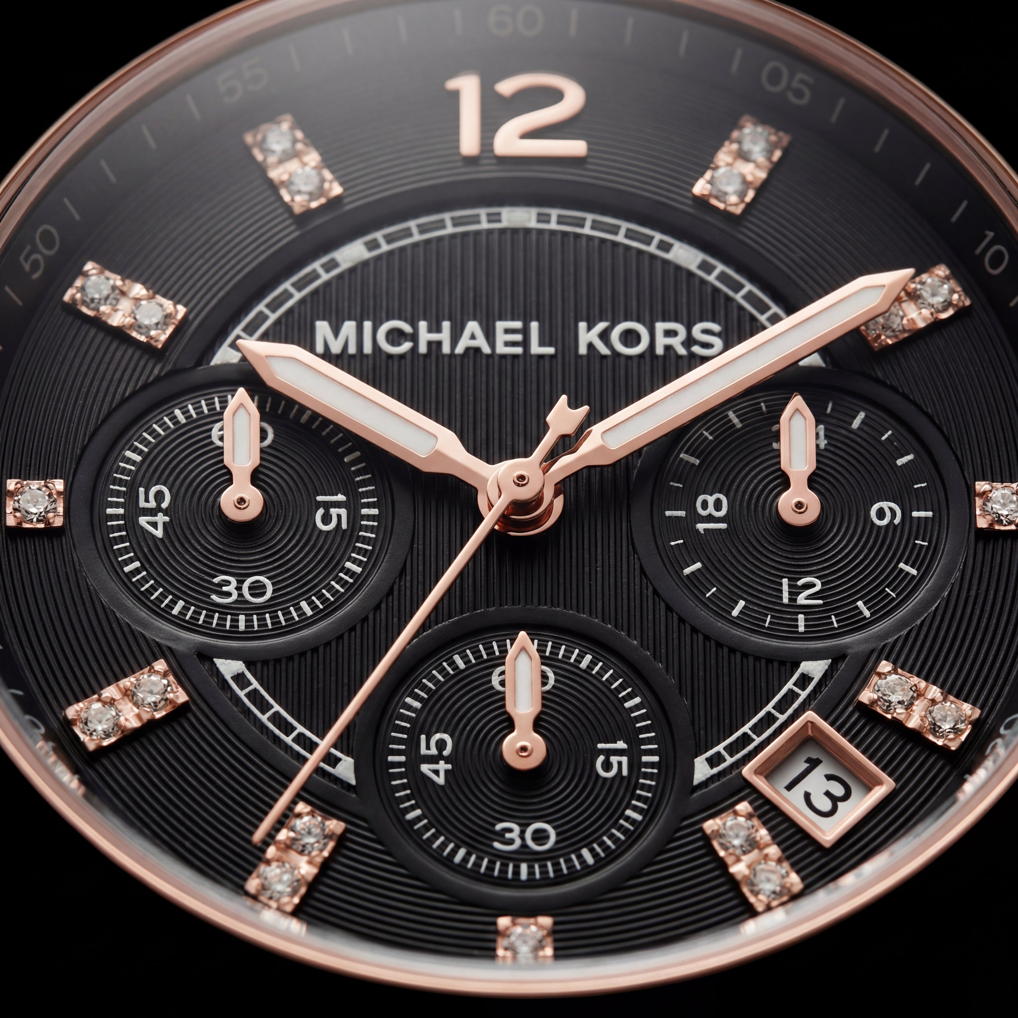 Rose Gold Crystal Bezel Black Dial Chronograph Bracelet Watch