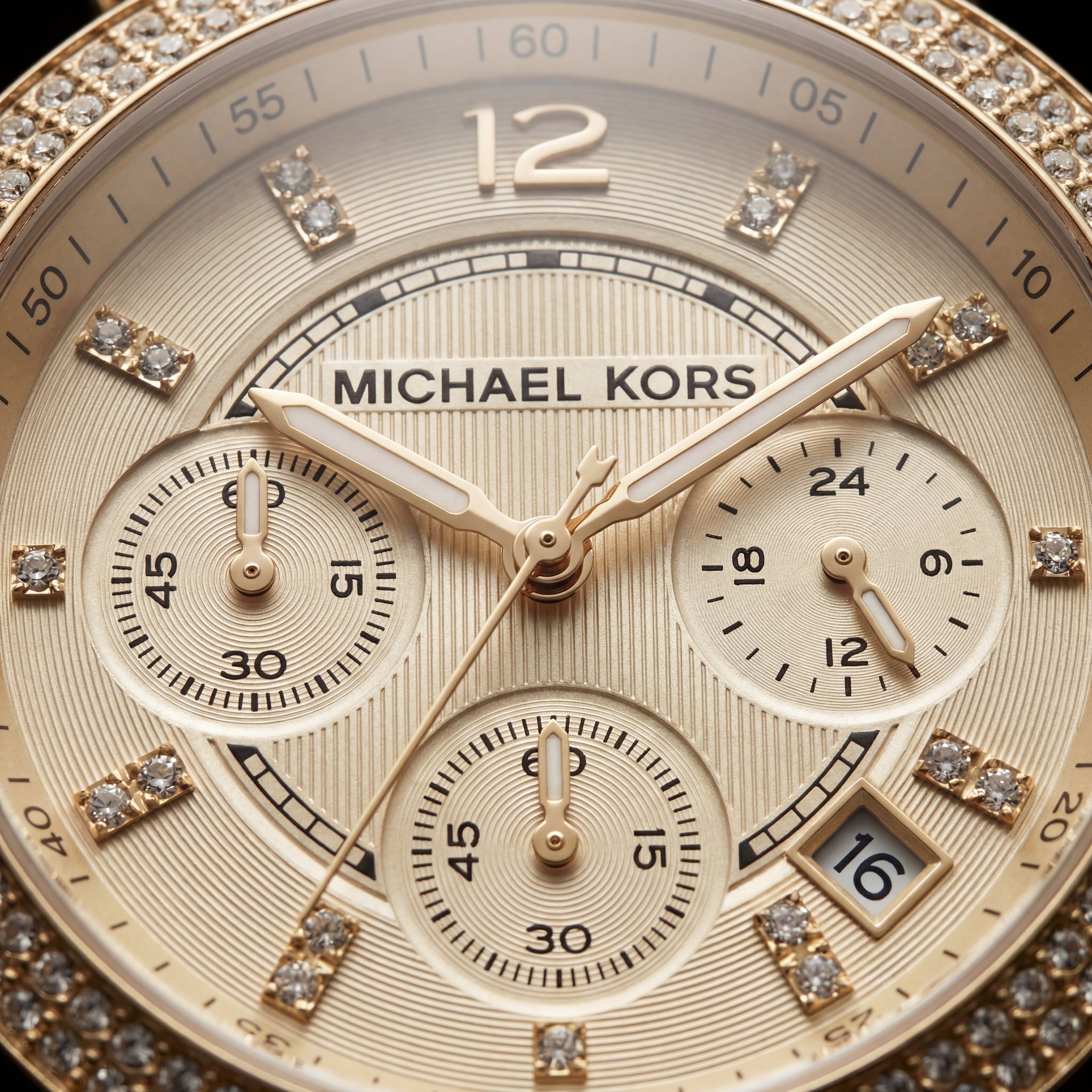 Gold Tone Crystal Bezel Champagne Dial Chronograph Bracelet Watch