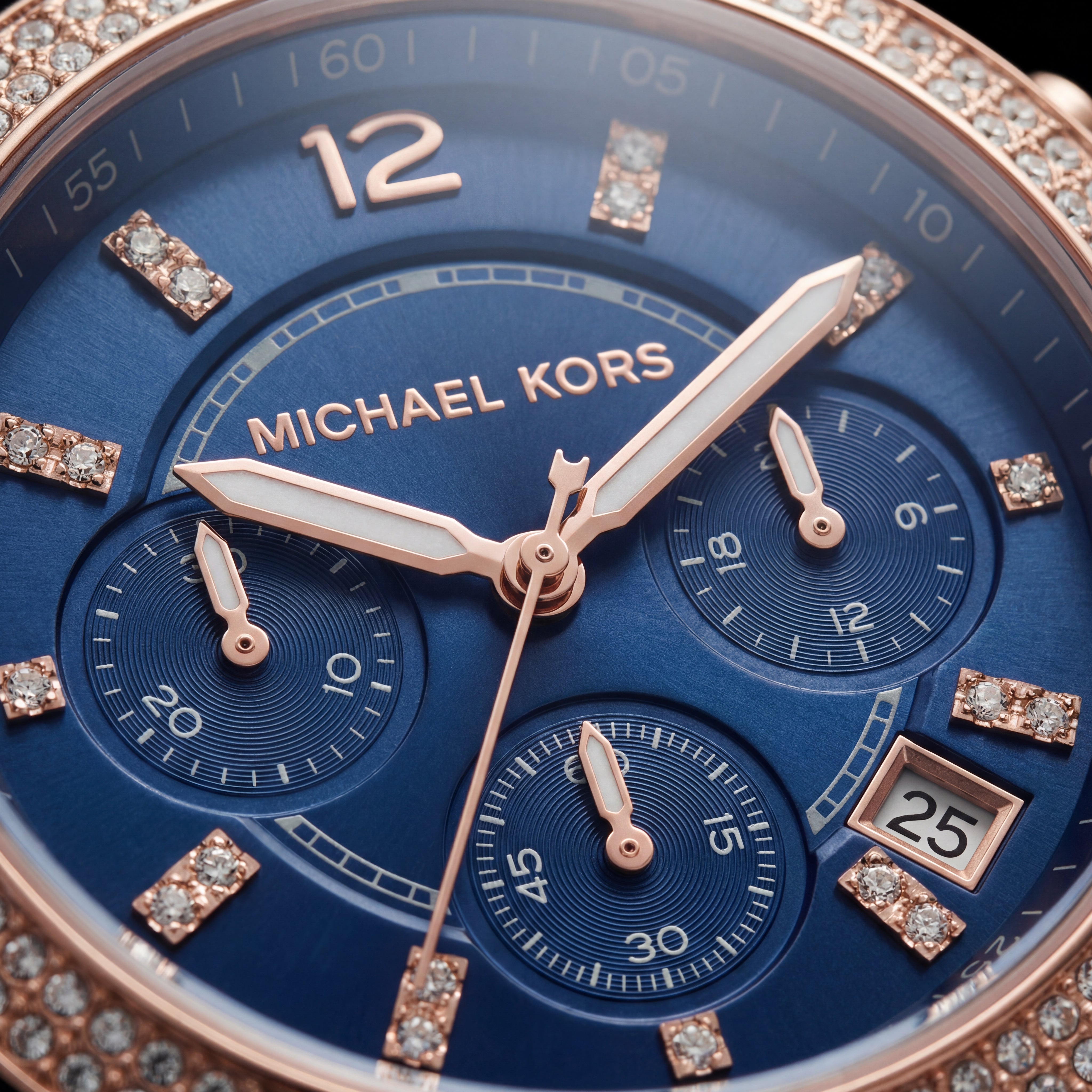 Two-Tone Rose Gold & Silver Crystal Bezel Blue Dial Chronograph Bracelet Watch