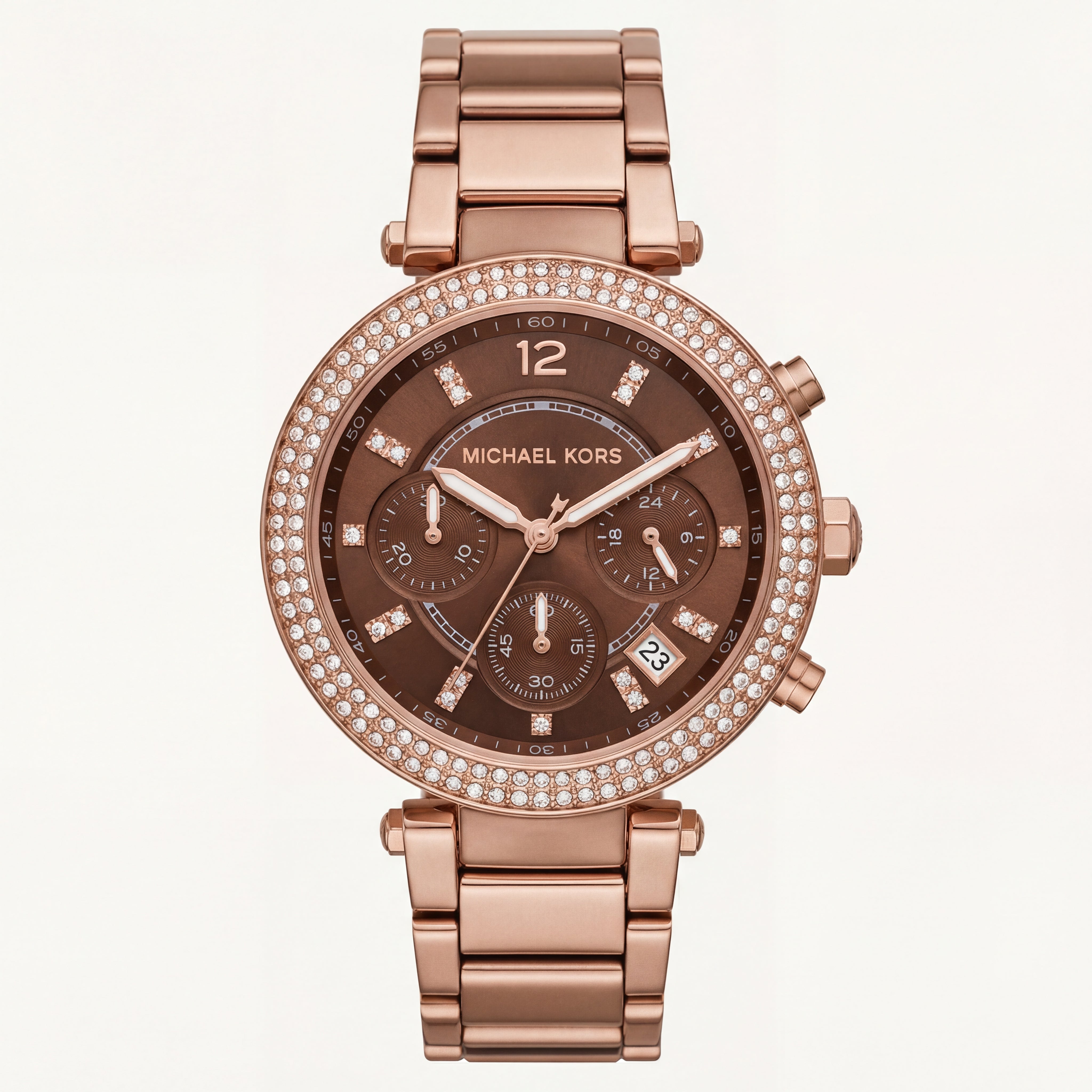 Rose Gold Crystal Bezel Brown Dial Chronograph Bracelet Watch