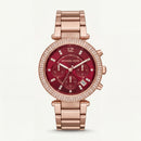 Rose Gold Crystal Bezel Ruby Red Dial Chronograph Bracelet Watch