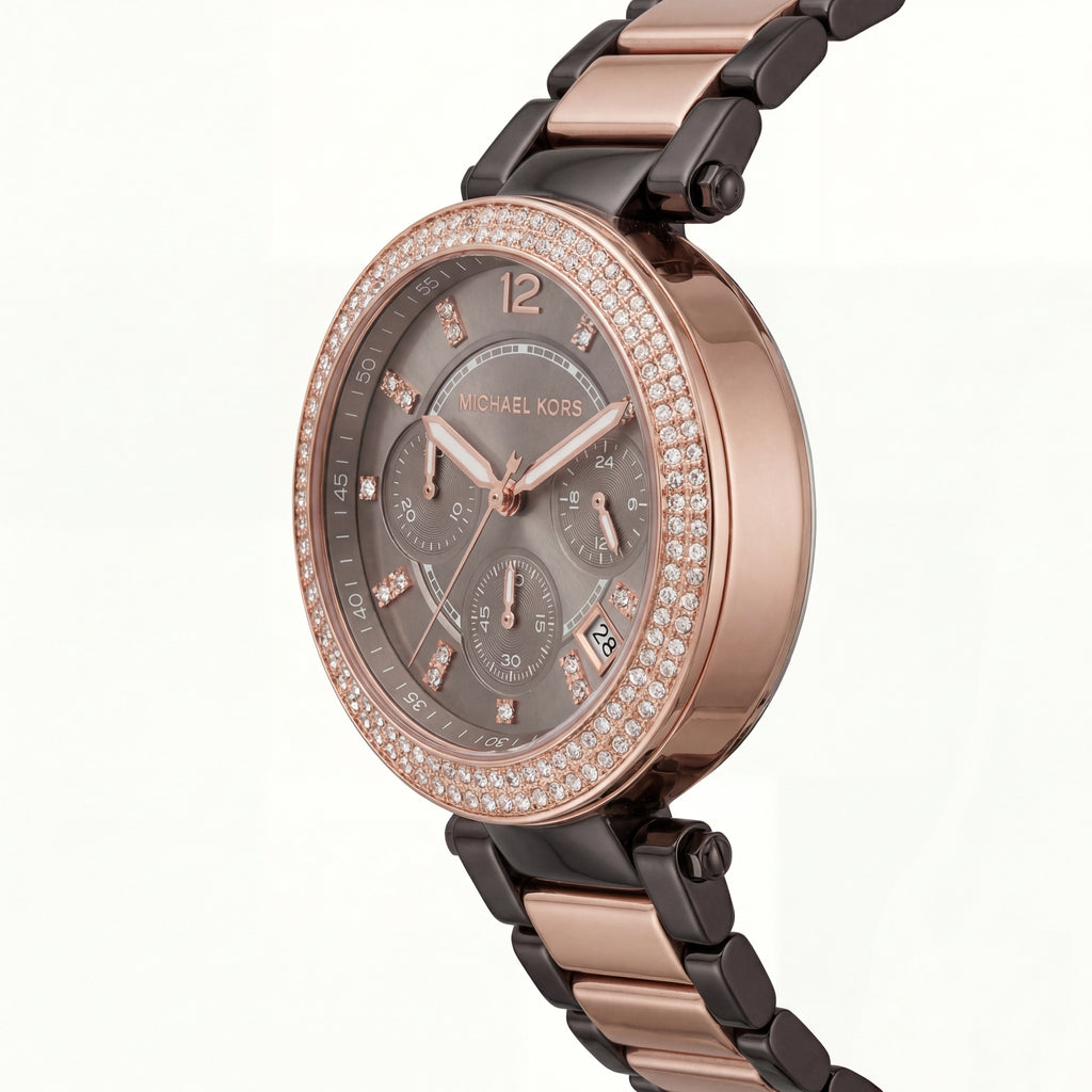 Rose Gold Crystal Bezel Smoke Grey Dial Two-Tone Chronograph Watch
