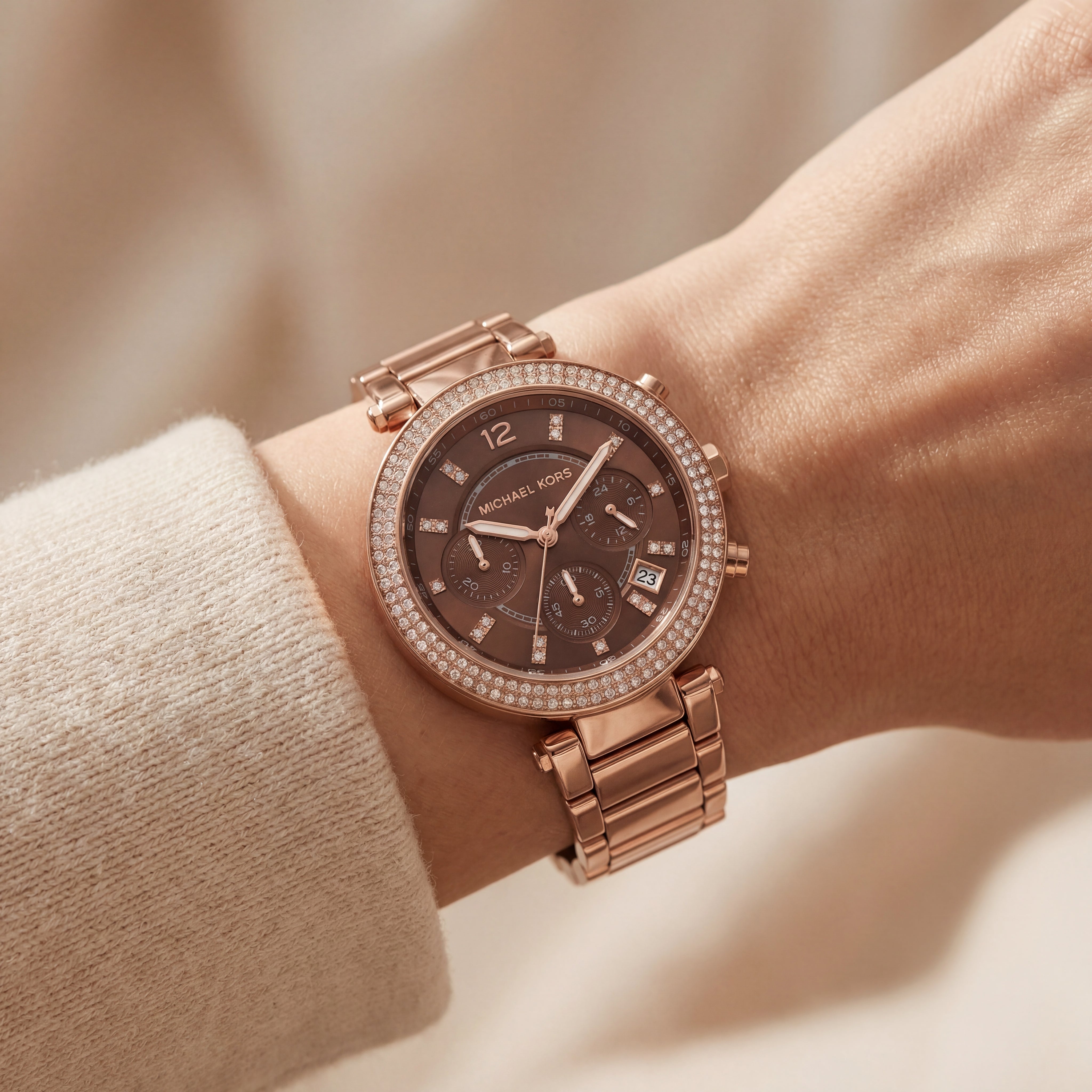 Rose Gold Crystal Bezel Brown Dial Chronograph Bracelet Watch