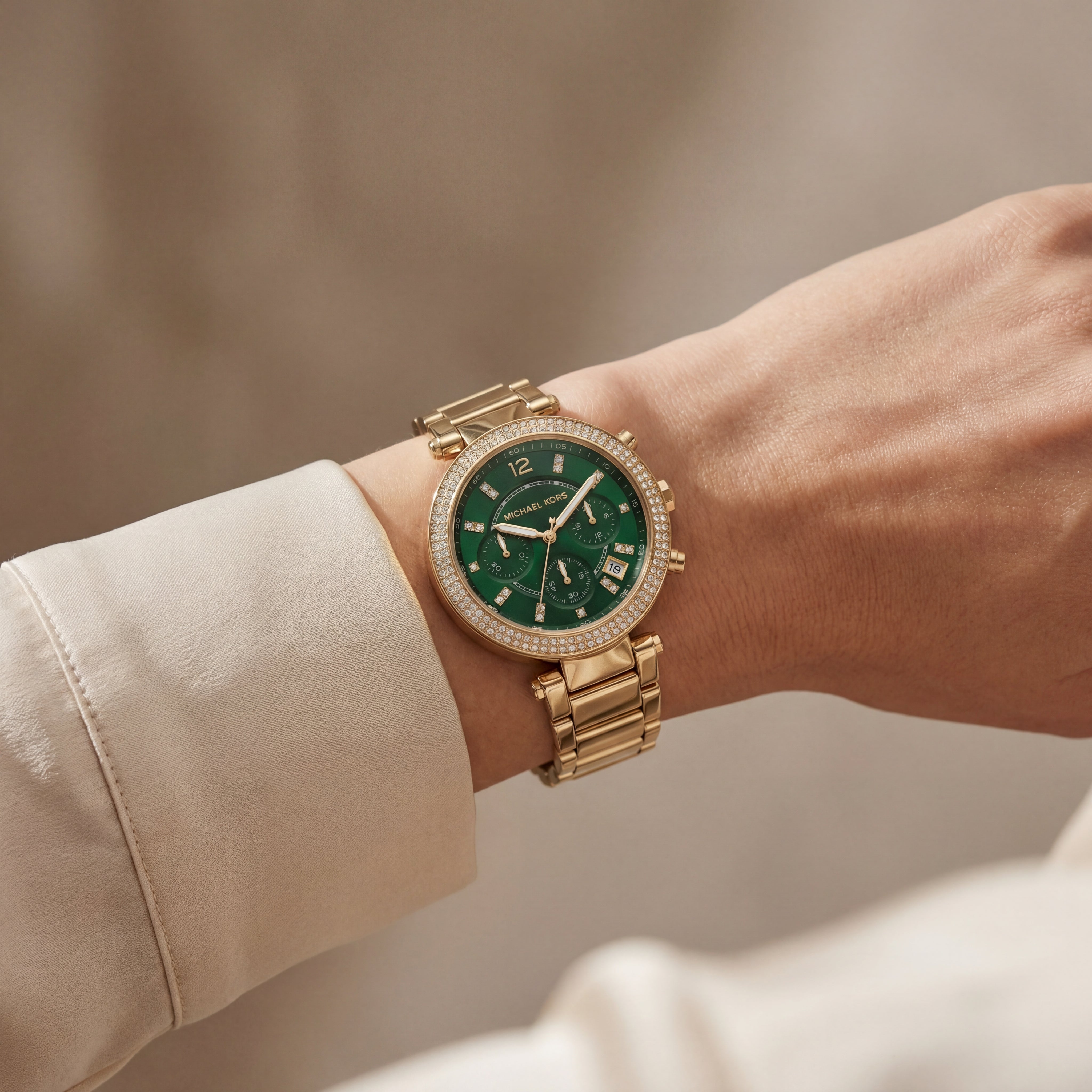 Gold Crystal Bezel Emerald Green Dial Chronograph Bracelet Watch