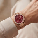 Rose Gold Crystal Bezel Ruby Red Dial Chronograph Bracelet Watch