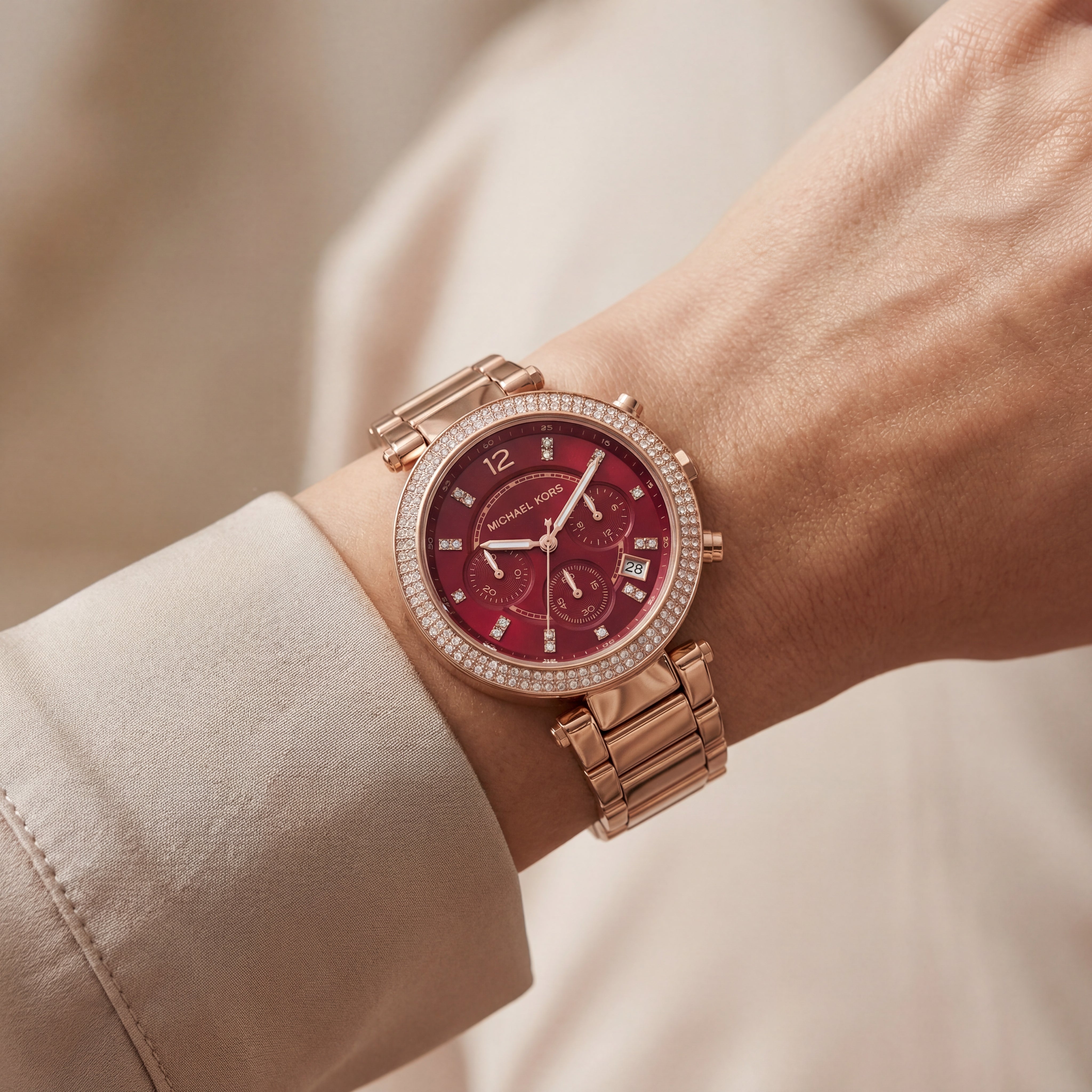 Rose Gold Crystal Bezel Ruby Red Dial Chronograph Bracelet Watch