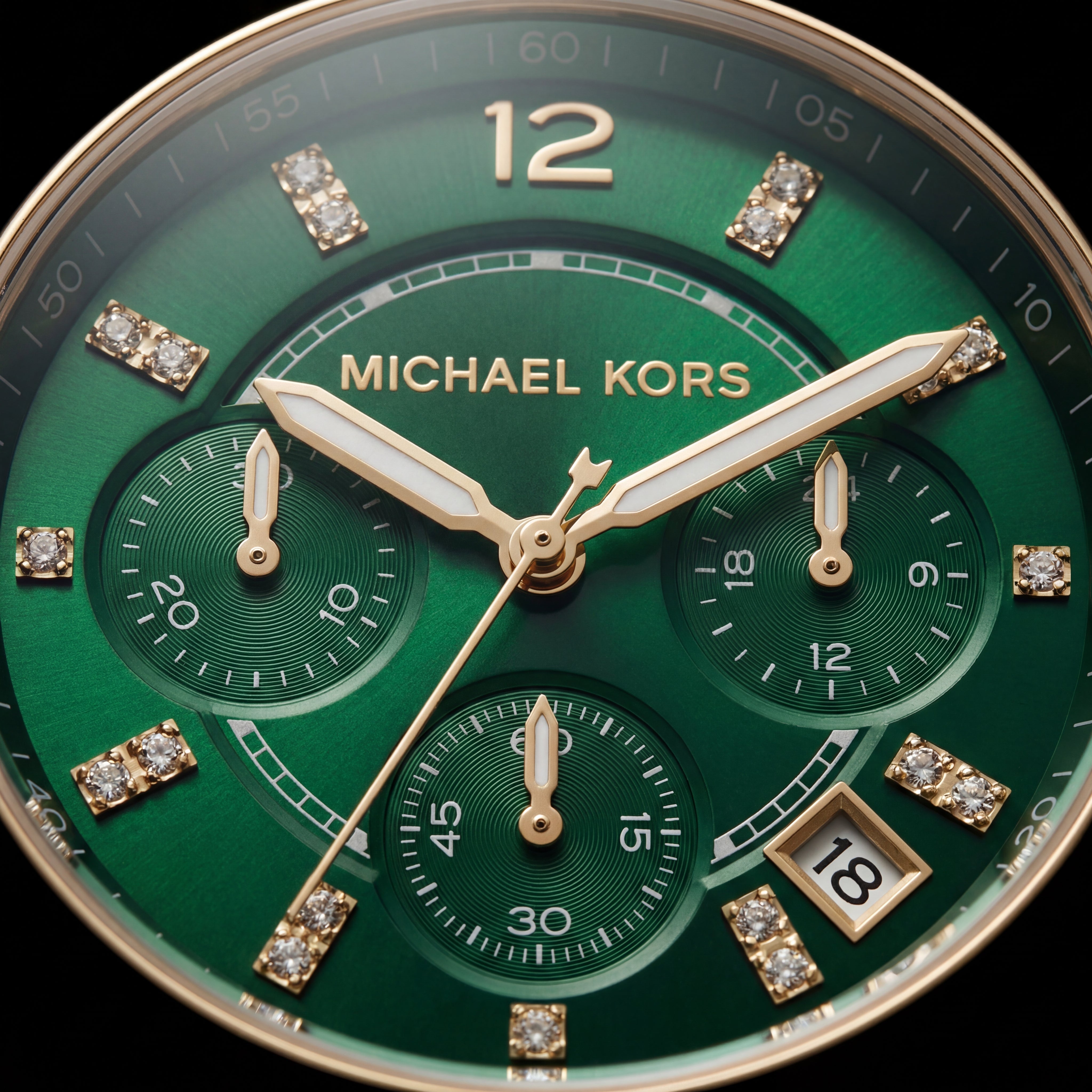 Gold Crystal Bezel Emerald Green Dial Chronograph Bracelet Watch