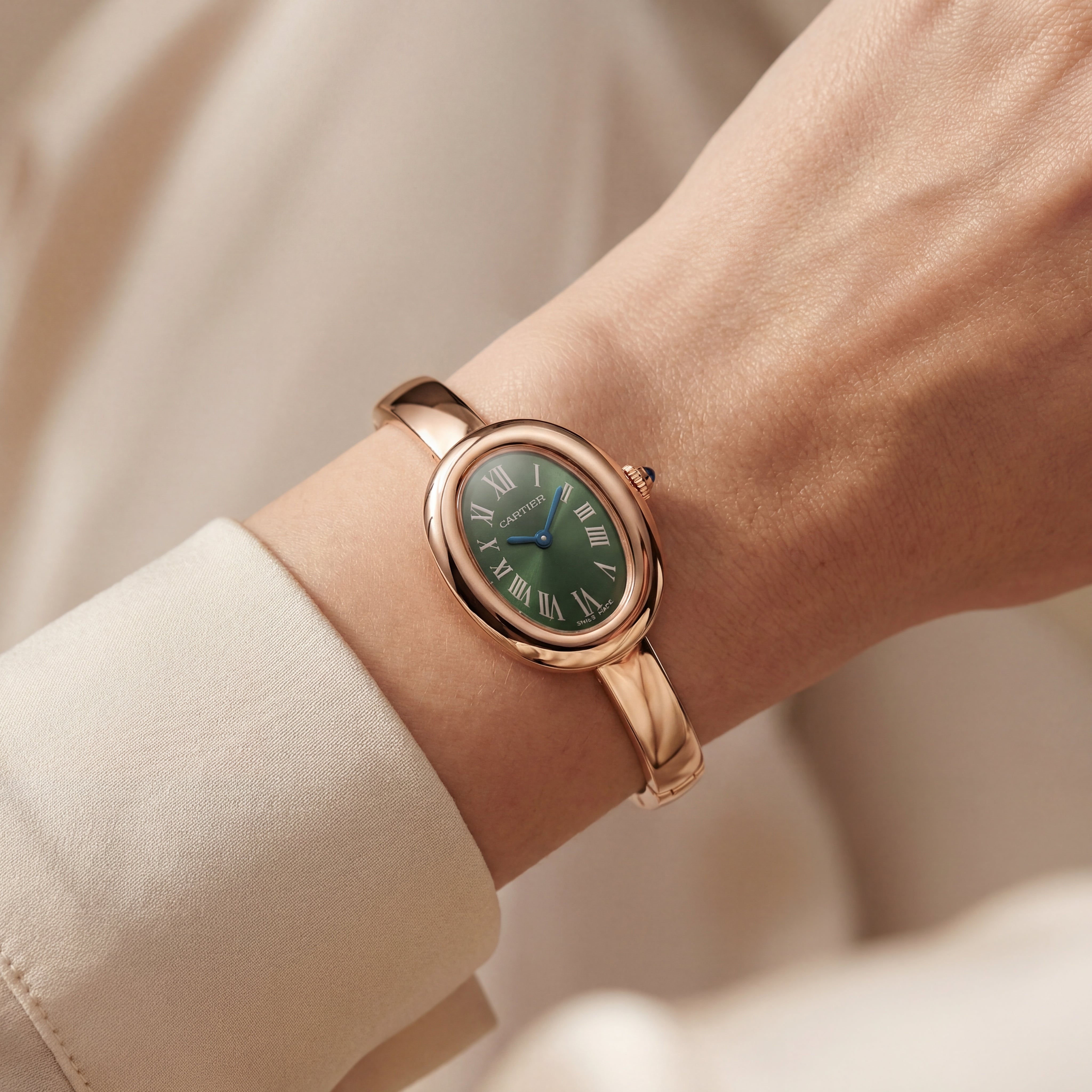 Emerald Oval Roman Dial Bangle Watch – Rose Gold Heritage Luxe Edition