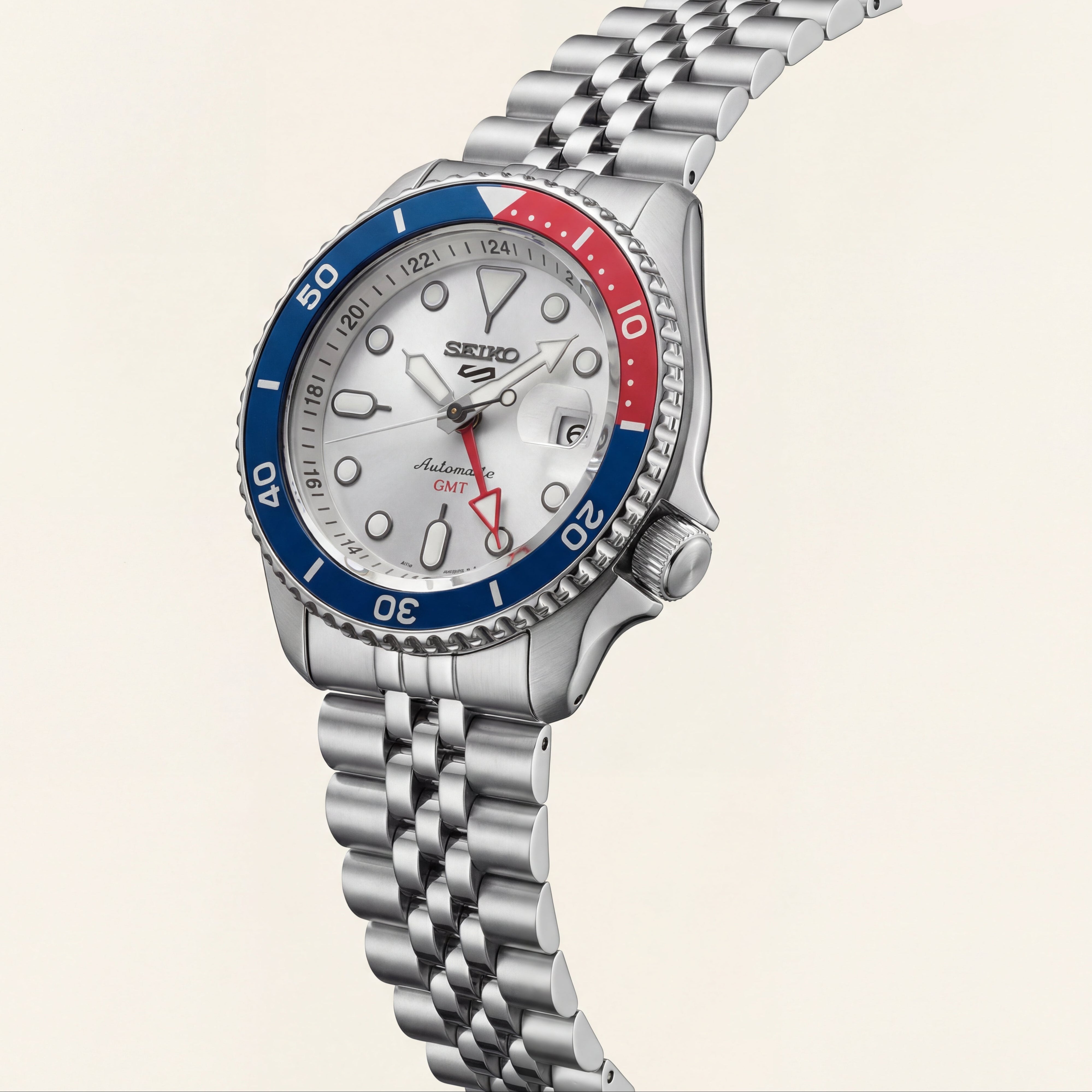 Silver Dial Pepsi GMT Automatic Steel Watch