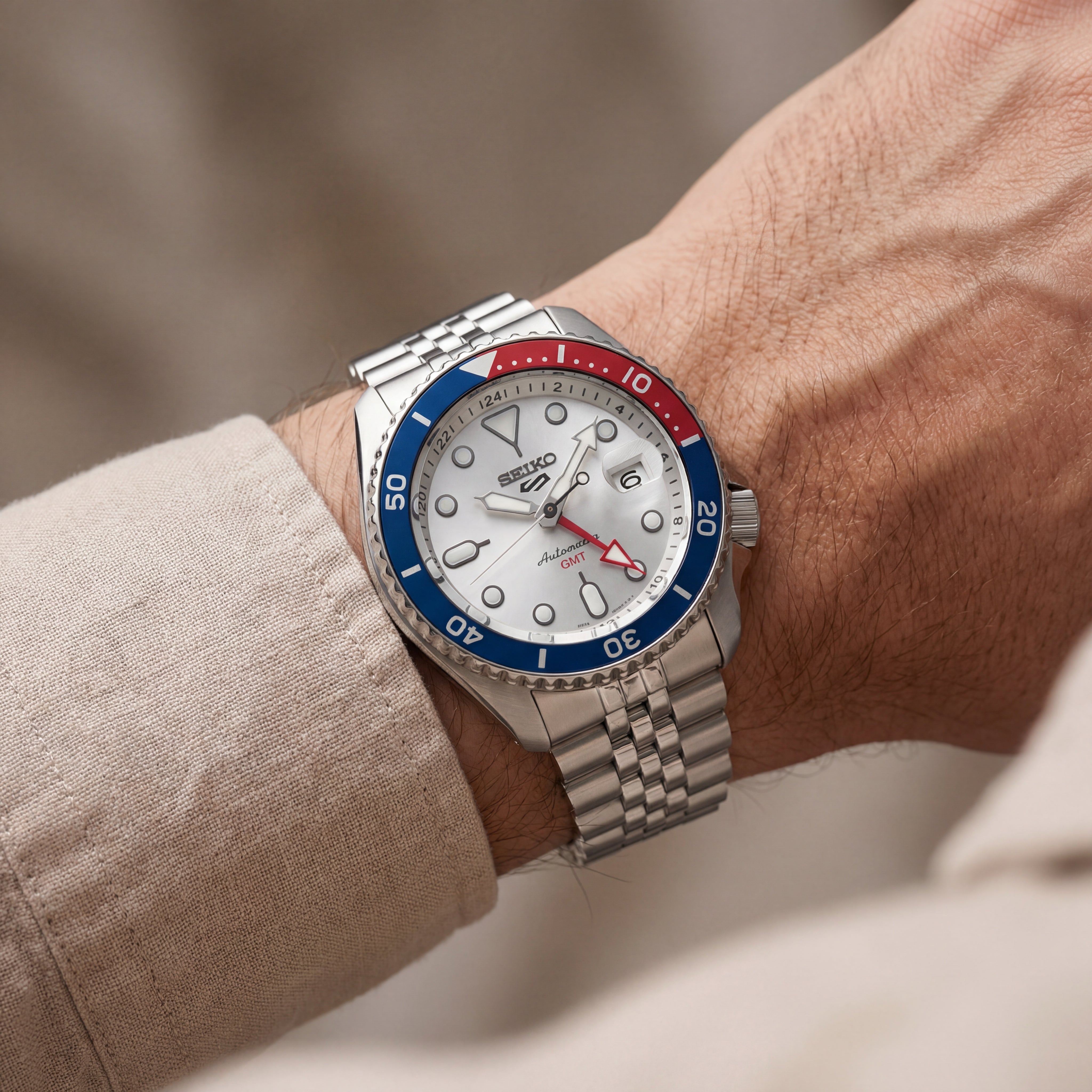 Silver Dial Pepsi GMT Automatic Steel Watch