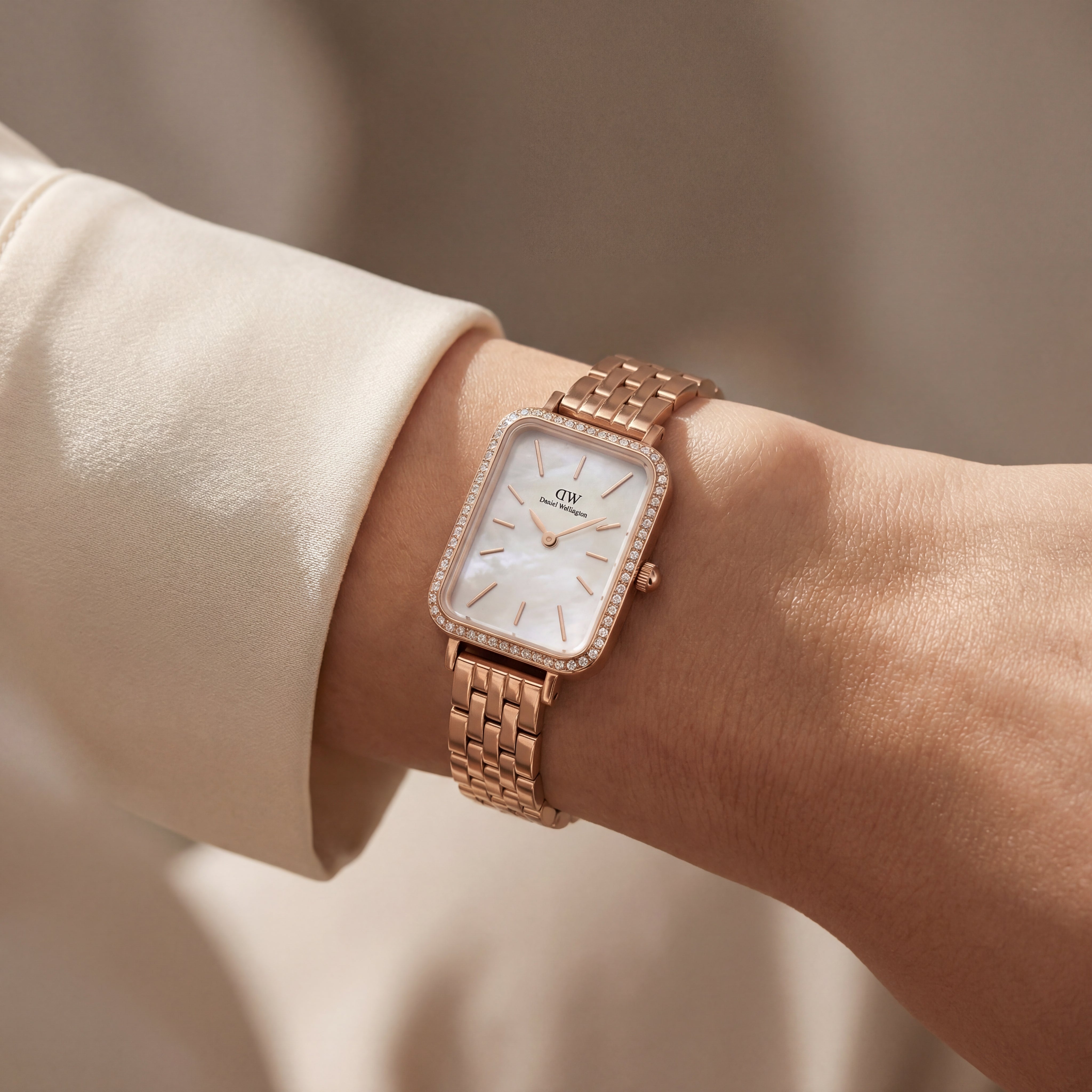 Pearl Rectangle Crystal Watch – Rose Gold Elegance Edition