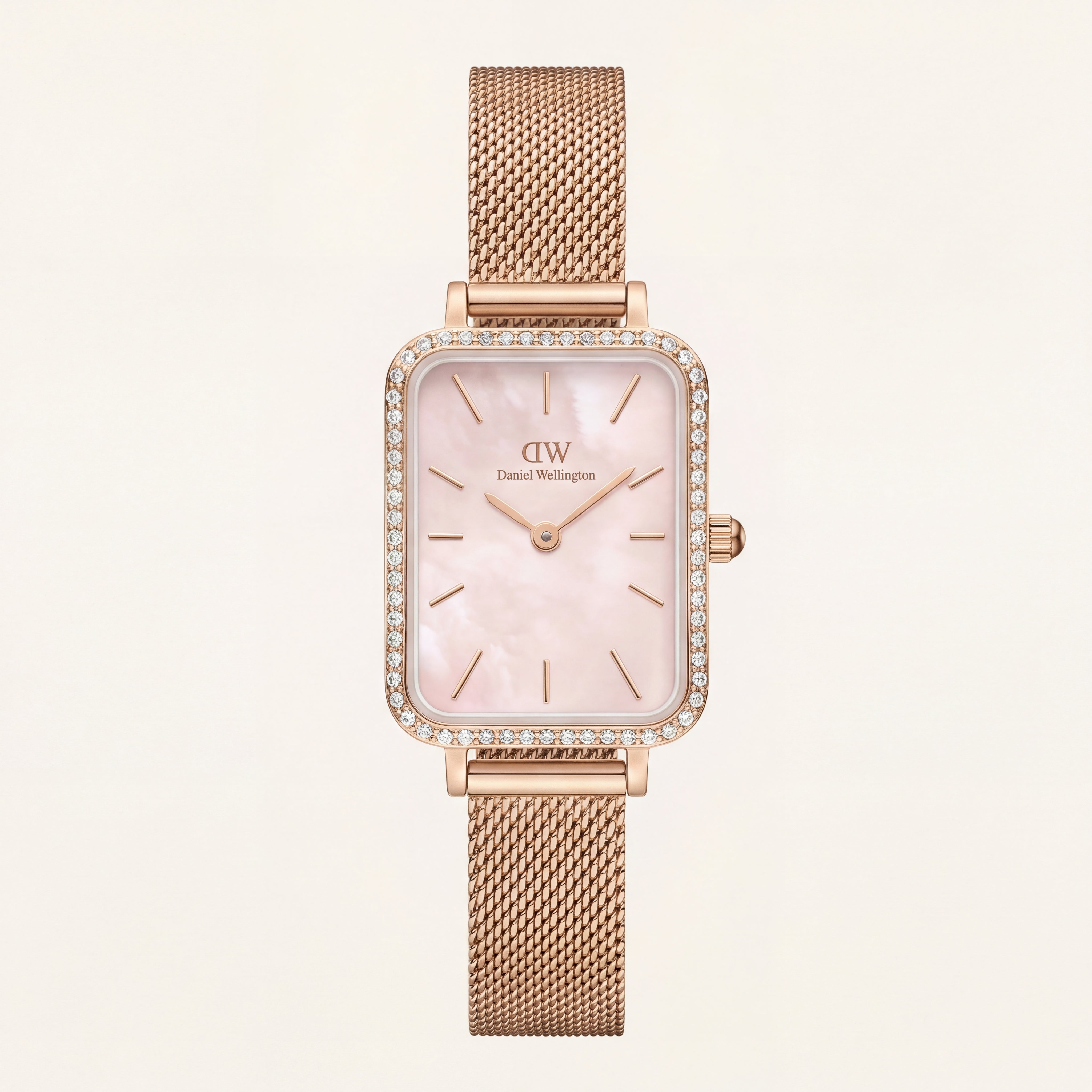 Blush Pearl Mesh Rectangle Watch – Rose Gold Crystal Edition