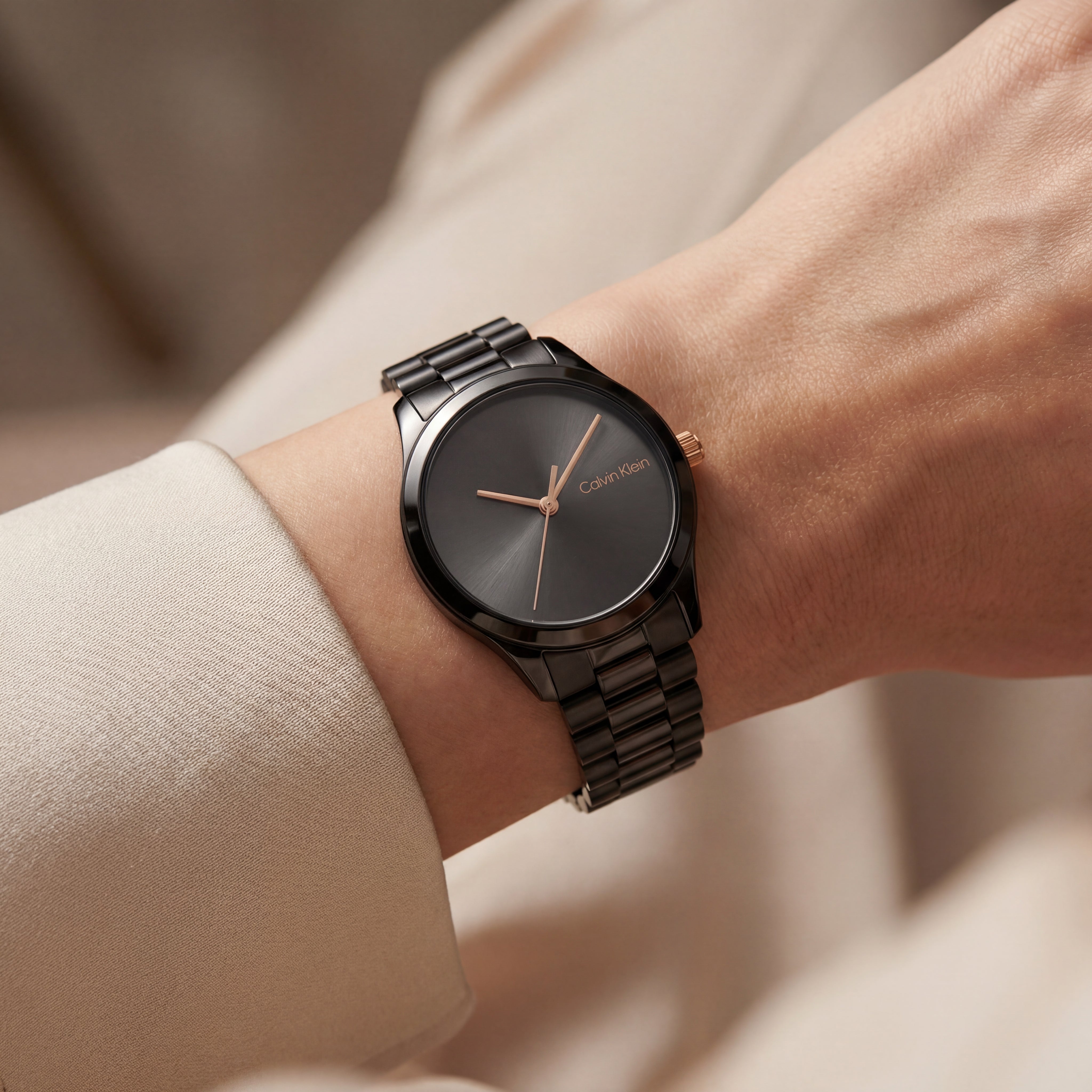 Black Steel Minimal Watch – Rose Accent Modern Edition