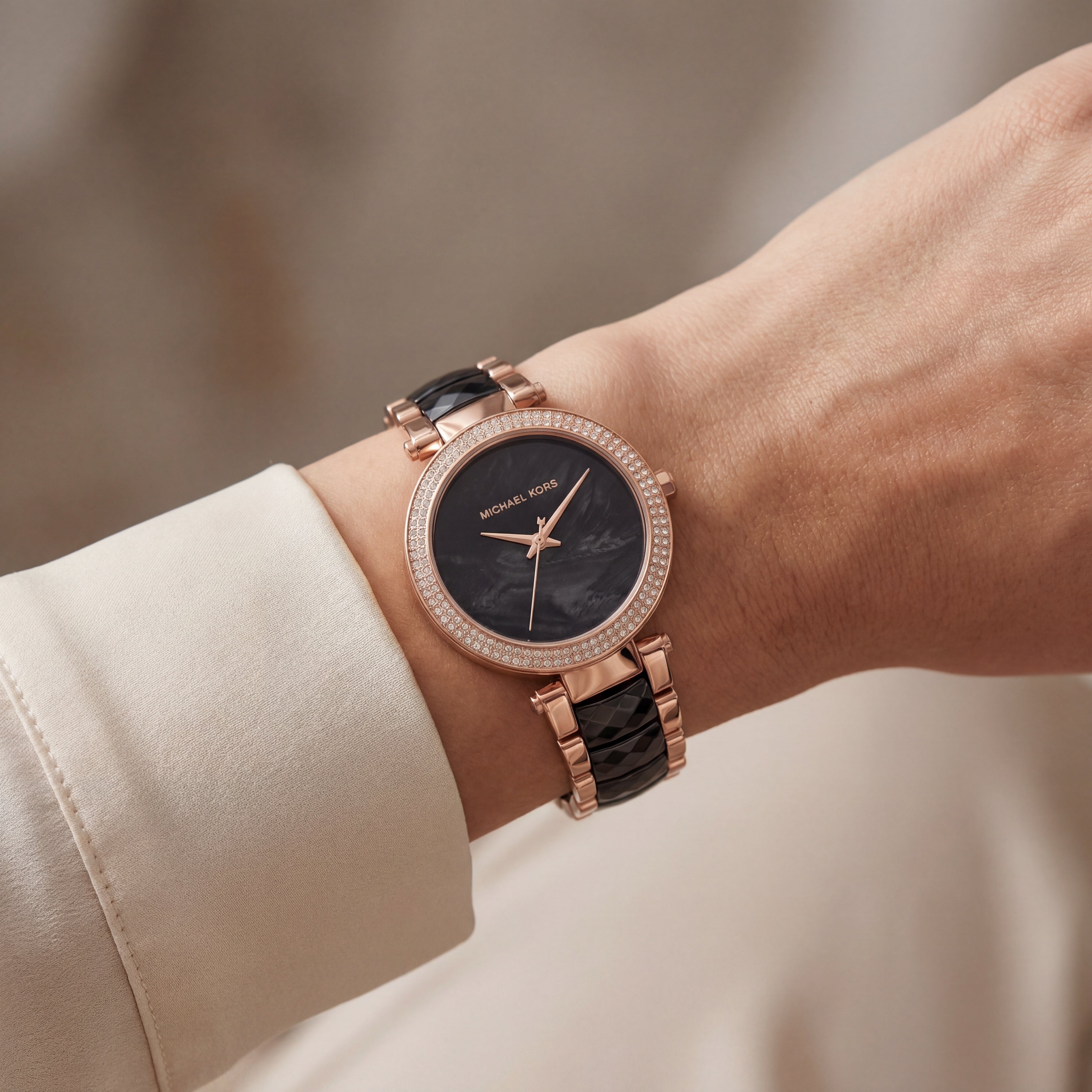 Midnight Pearl Crystal Watch – Rose Black Luxe Edition