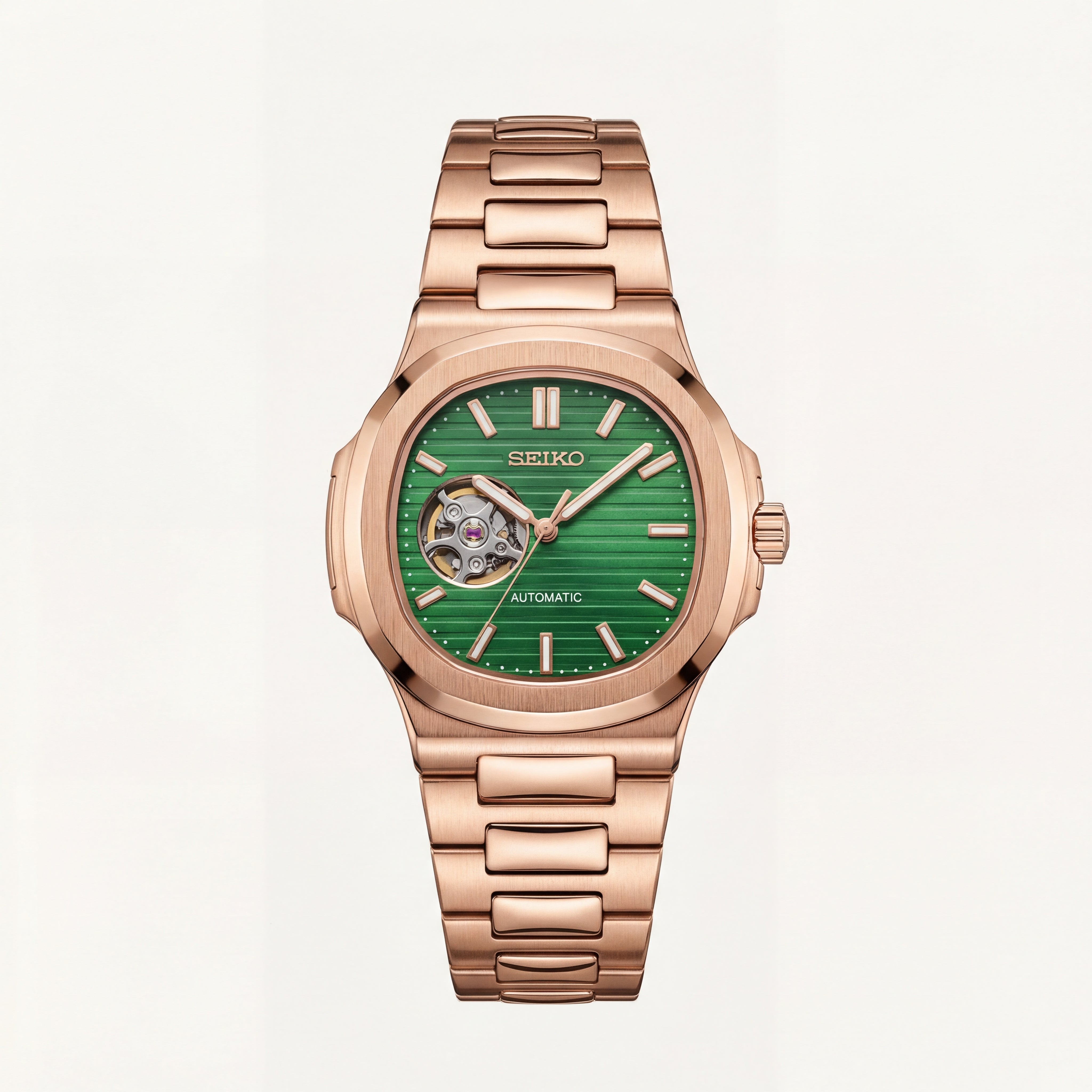 Rose Gold Green Dial Open-Heart Automatic Watch