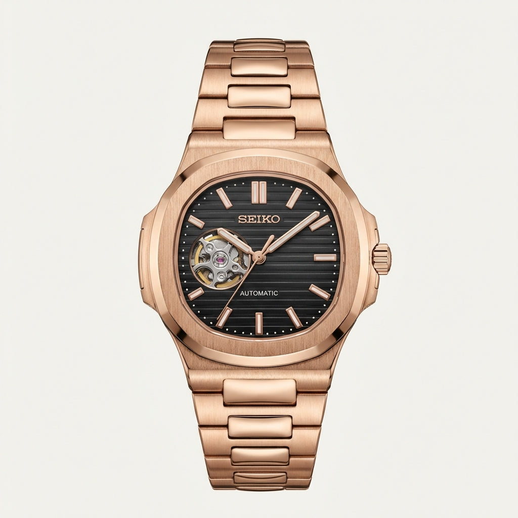 Rose Gold Black Dial Open-Heart Automatic Watch