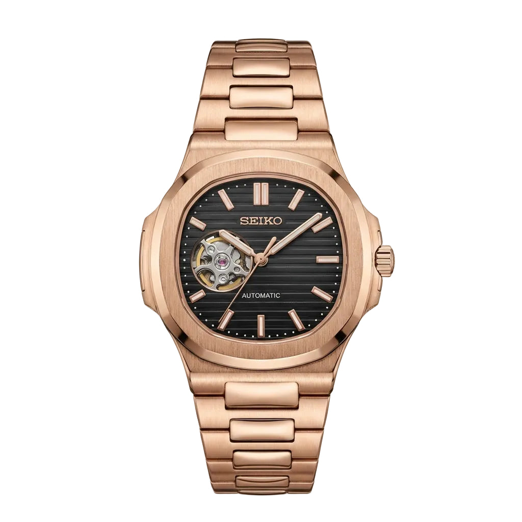 Rose Gold Black Dial Open-Heart Automatic Watch
